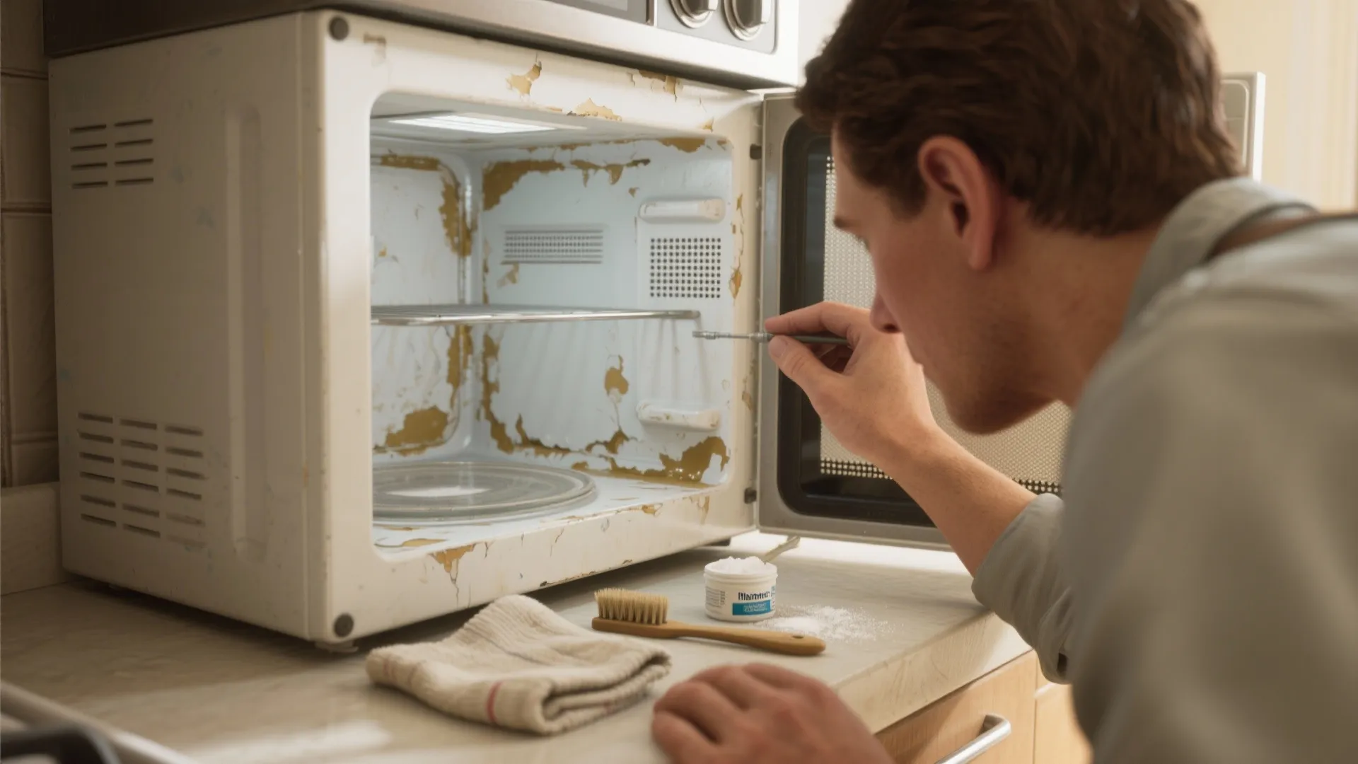 Close inspection of a microwave interior showing flaking paint and cleaning tools on the counter.