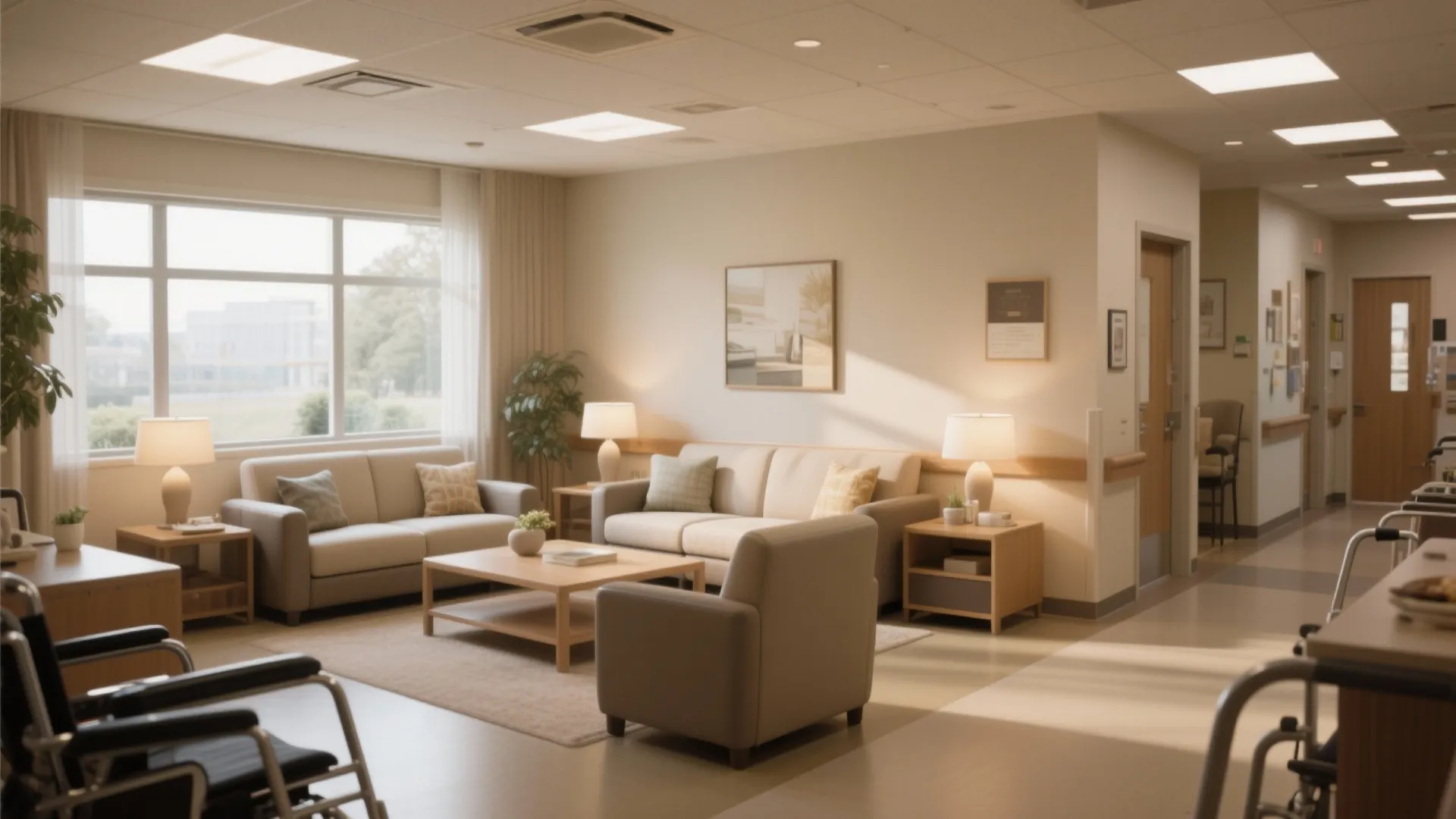 Assisted living common room with beige sofas wooden coffee table large windows and soft lights