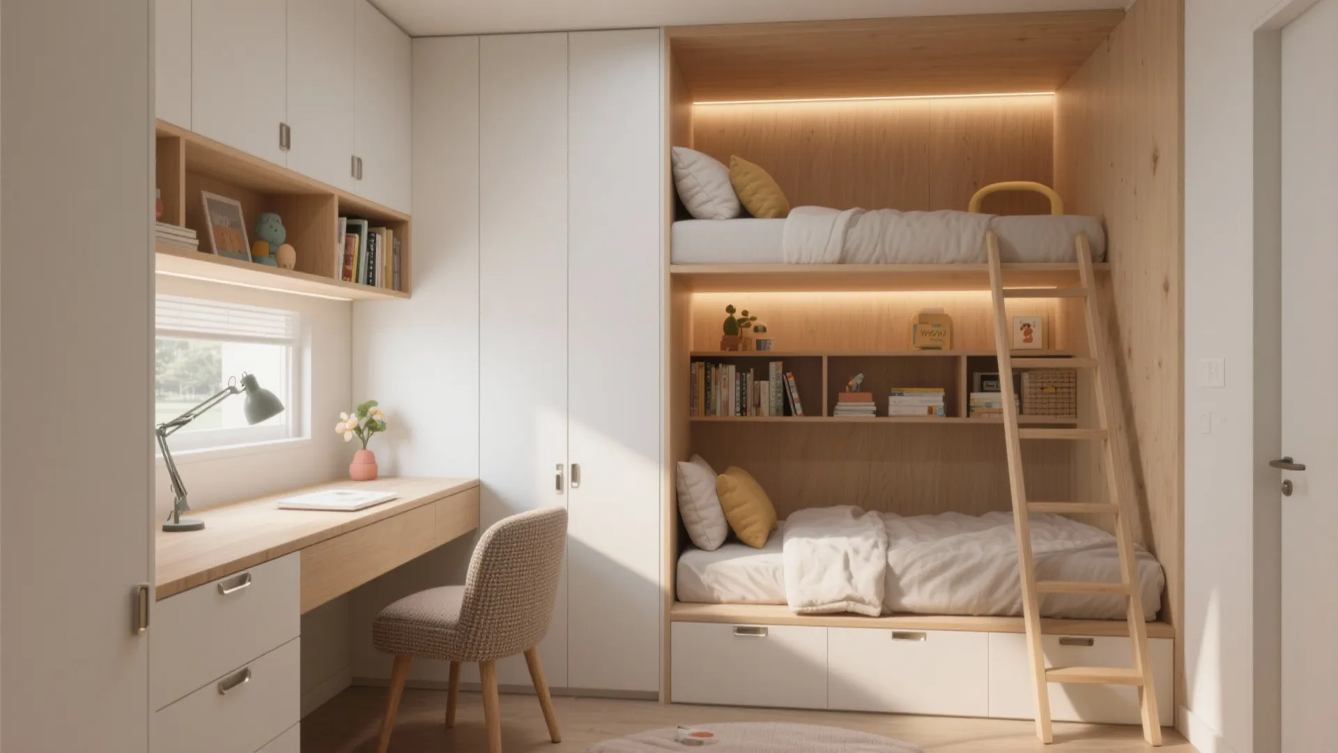 Wooden bunk beds with integrated desk and storage shelves in a small white kids room