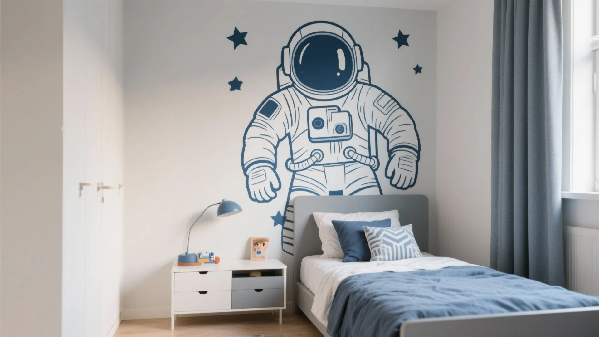 Small bedroom with a large blue astronaut wall sticker above a grey bed and nightstand