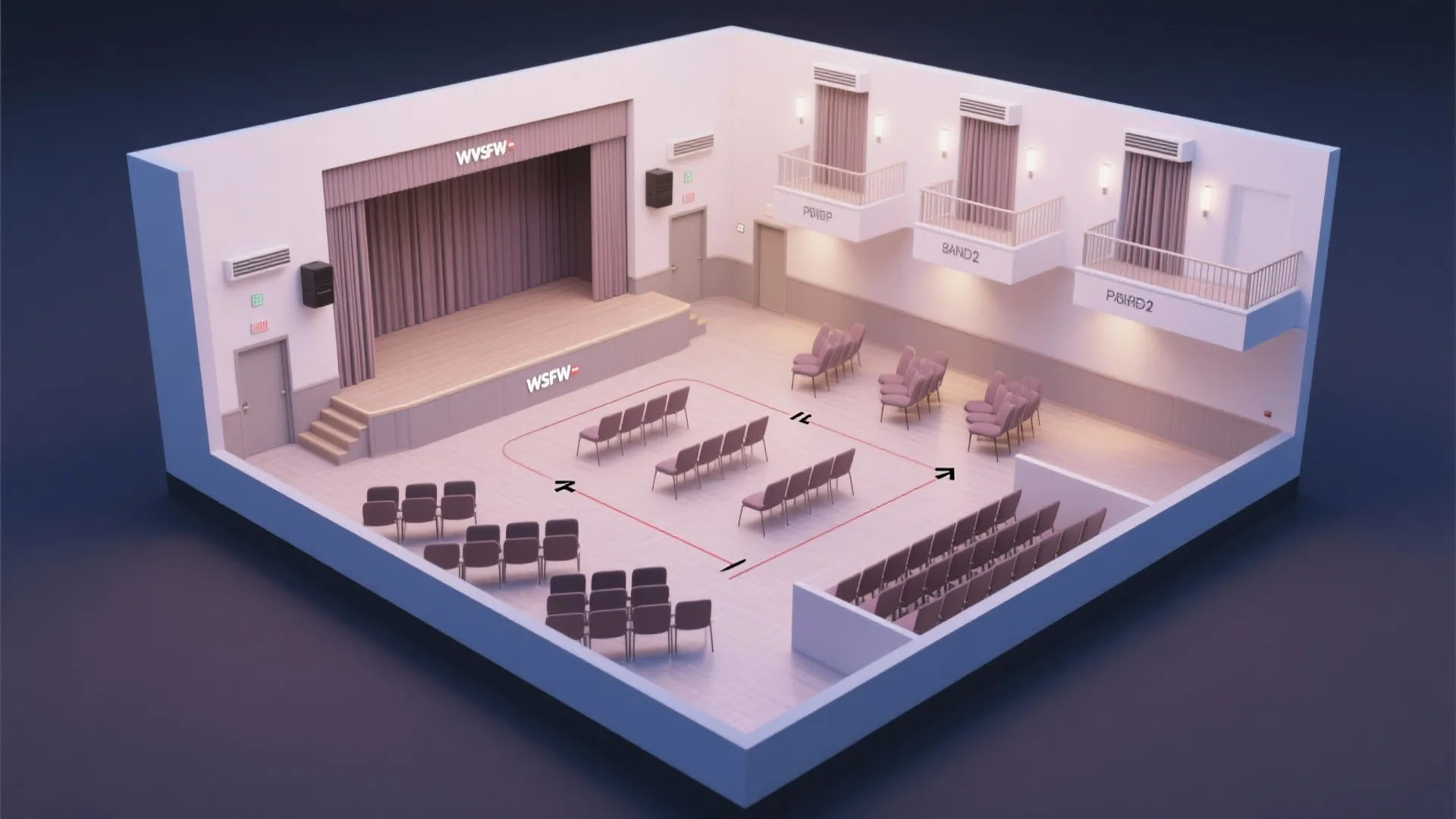 Interior design drawing showing a small hall layout with stage curtains chairs and white wall panels