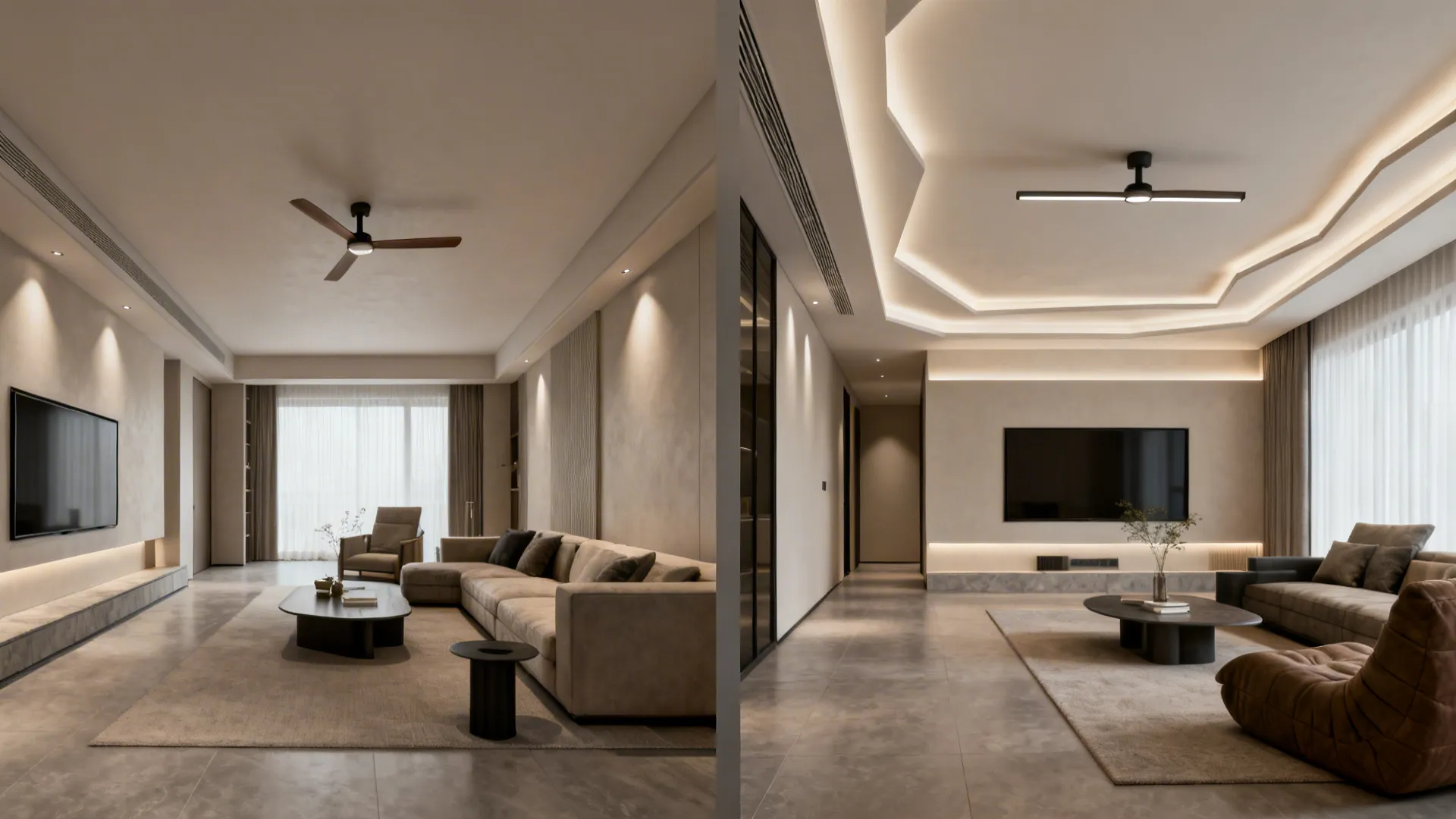 Before-and-after comparison showing flat ceiling versus asymmetrical layered ceiling with two fans and wall-wash lights.