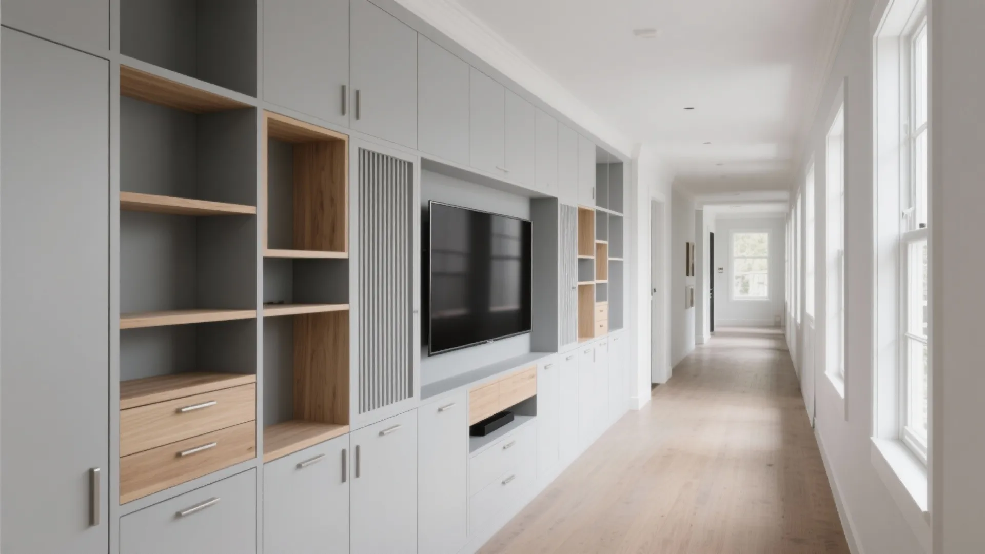 Built-in TV unit with asymmetrical storage