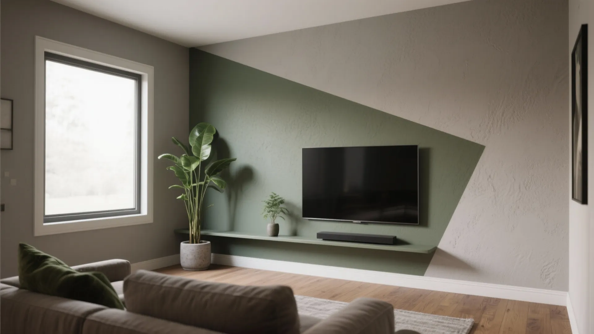 Modern living room featuring a green geometric wall design with television green plants and sofa