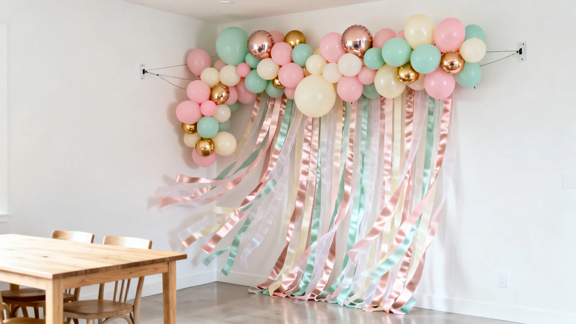 Asymmetrical balloon garland with satin and organza ribbon tails forming a photo backdrop.