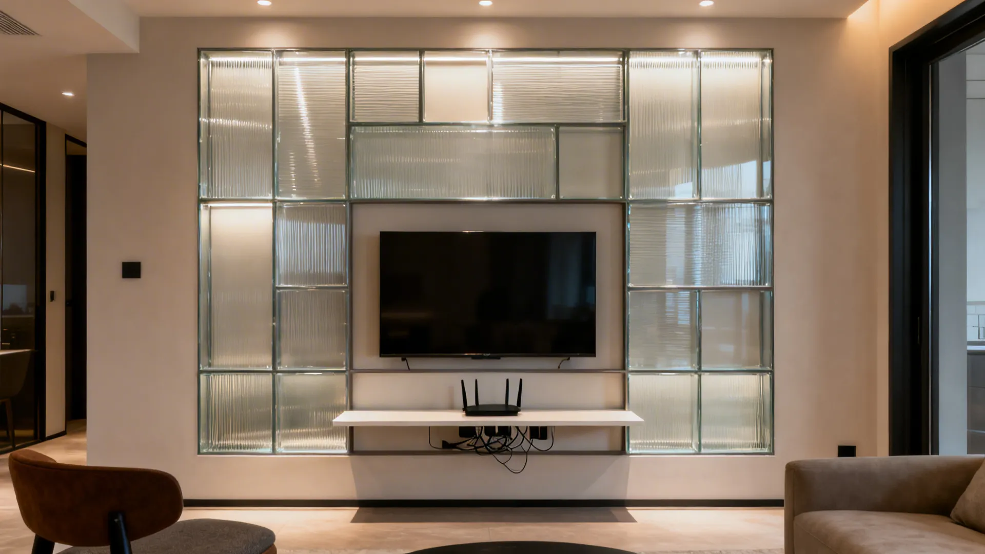 Asymmetric grid wall showcase with clear, frosted, and reeded glass panels around a floating console.