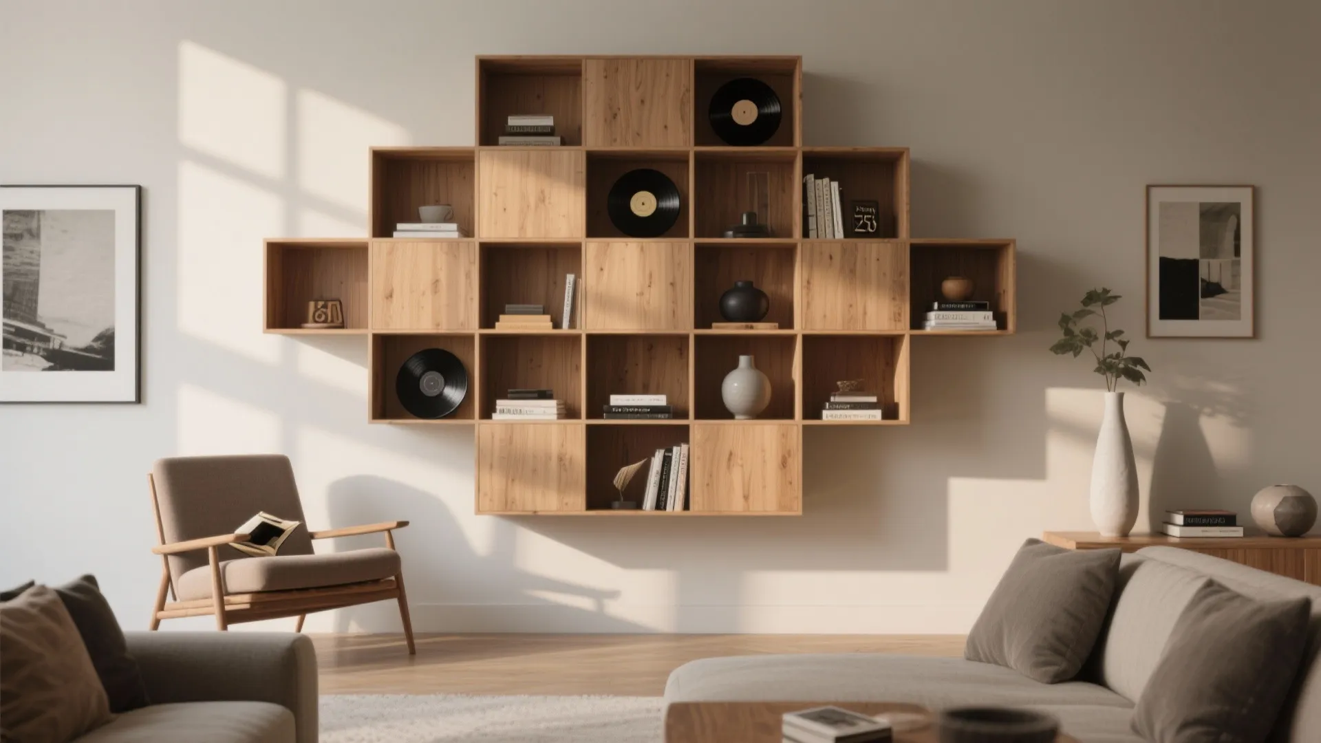 Modern living room with a wooden wall shelf holding records and books near a grey sofa