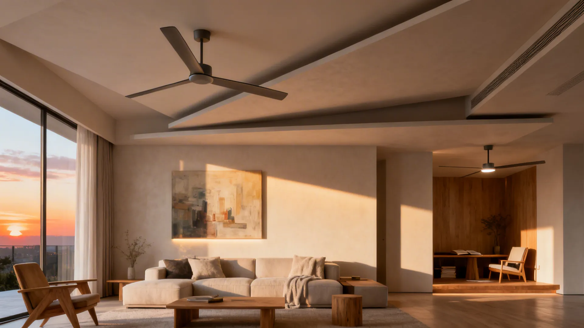 Asymmetrical layered ceiling with two slim fans, wall-wash lighting, and zones for sofa and reading nook.