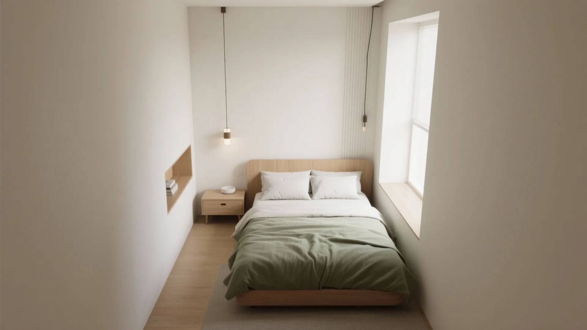 Minimalist small bedroom with a wooden bed green blanket bedside table and simple ceiling light