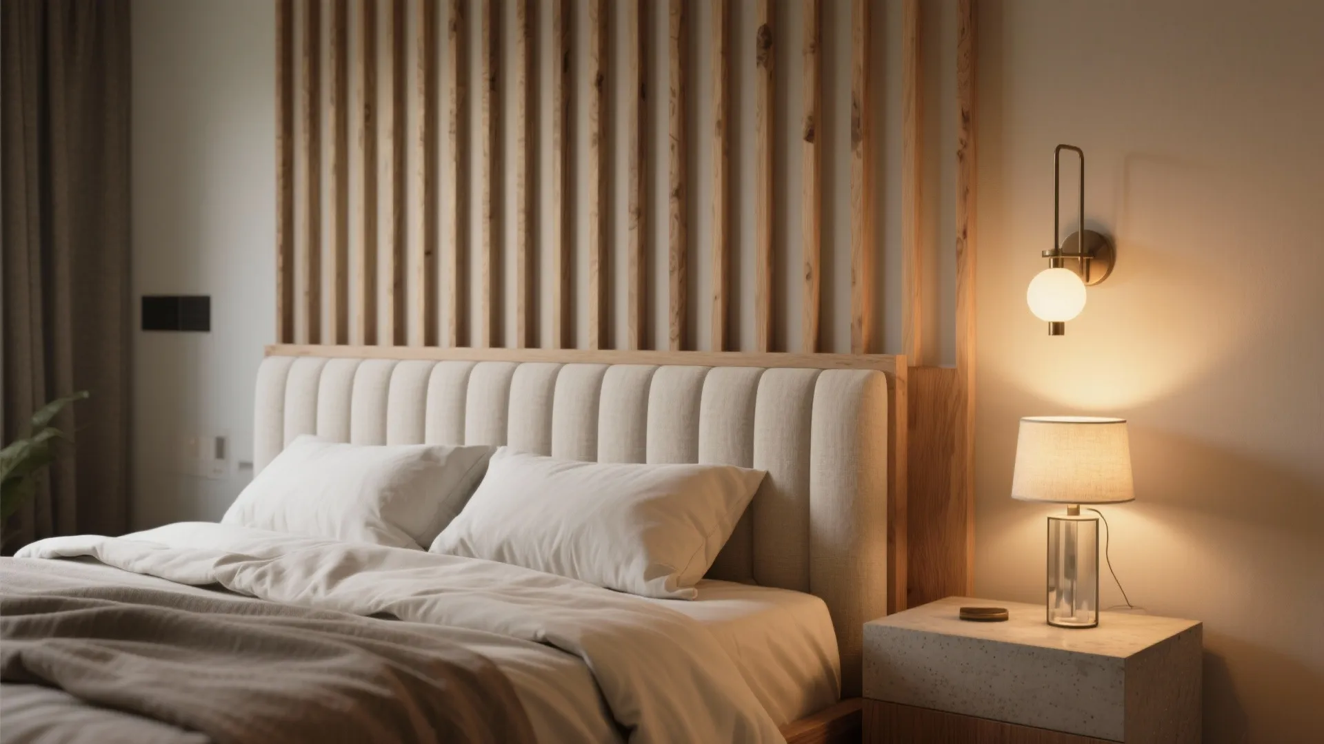 Asymmetrical Bedside Lighting with a Focal Headboard Wall