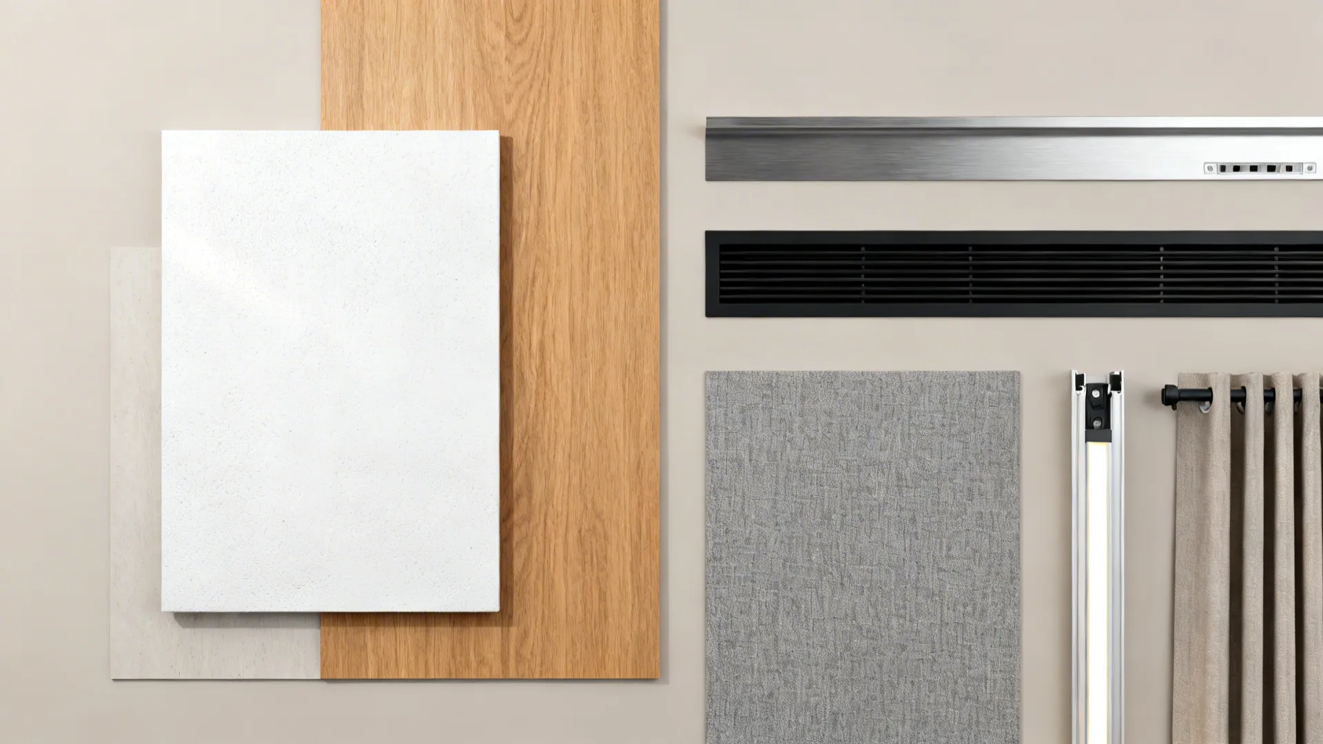 Flat lay of gypsum white, oak veneer, cassette trim, slot diffuser, LED profile, and curtain track samples.