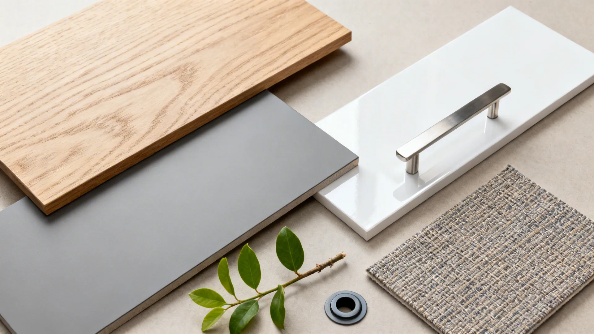 Top-down materials board with oak veneer, matte greys, white laminate, and hardware for a TV wall.