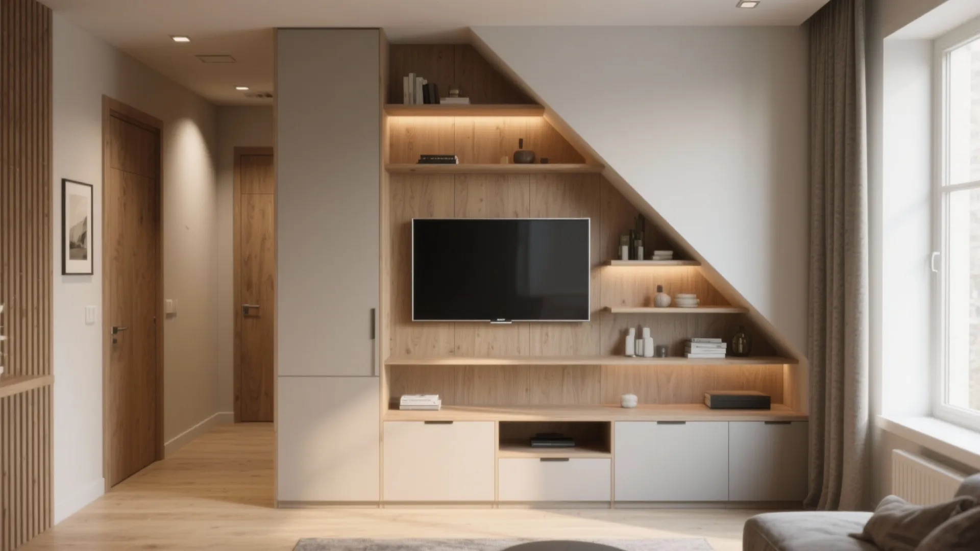 Modern wood wall cabinet under stairs with built-in shelves lighting television and white storage drawers