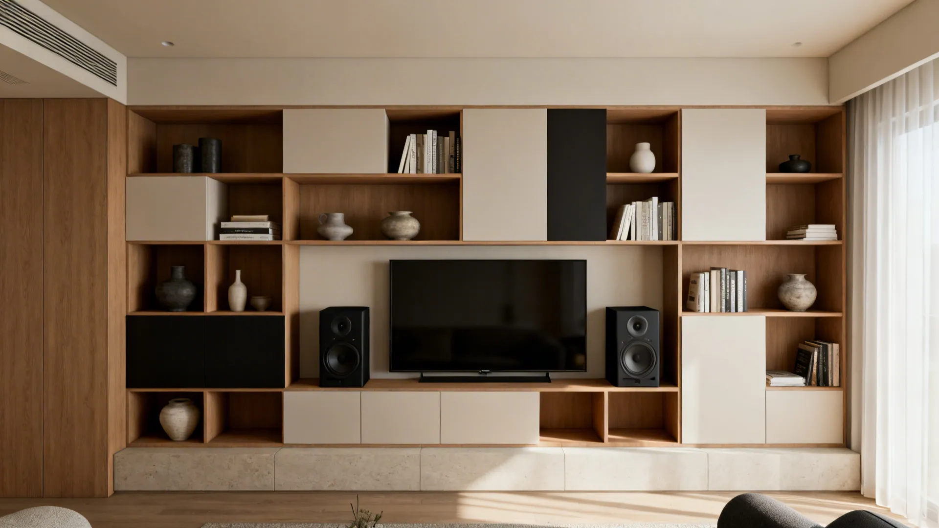 Asymmetrical built-in niches framing a slim TV with mixed open and closed storage in warm neutrals.