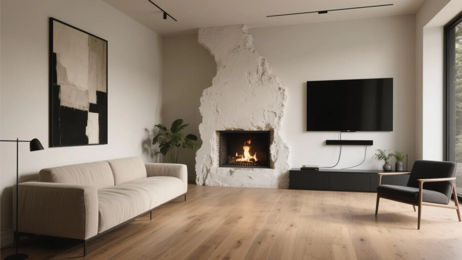 Asymmetrical Balance: Offset the TV and Fireplace