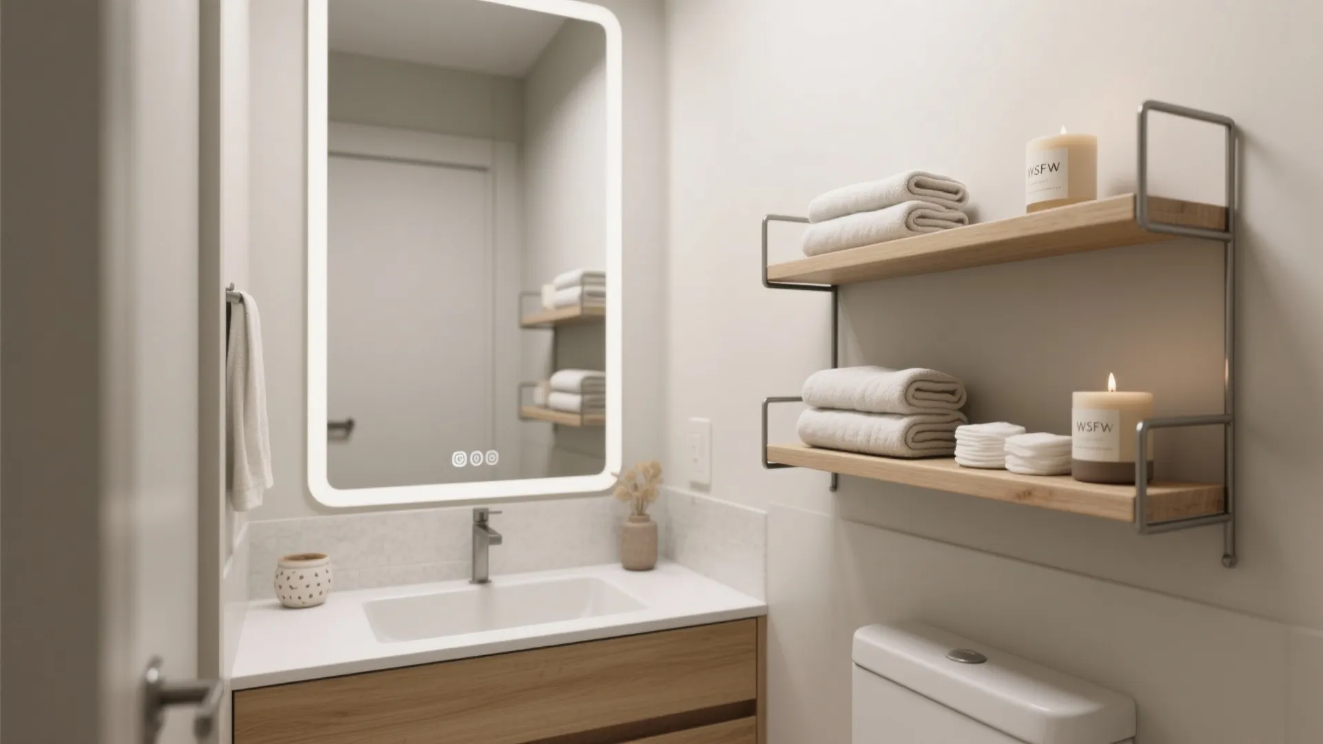 4) Asymmetrical Mirror + Open Side Shelves: Styled Storage That Stays Light