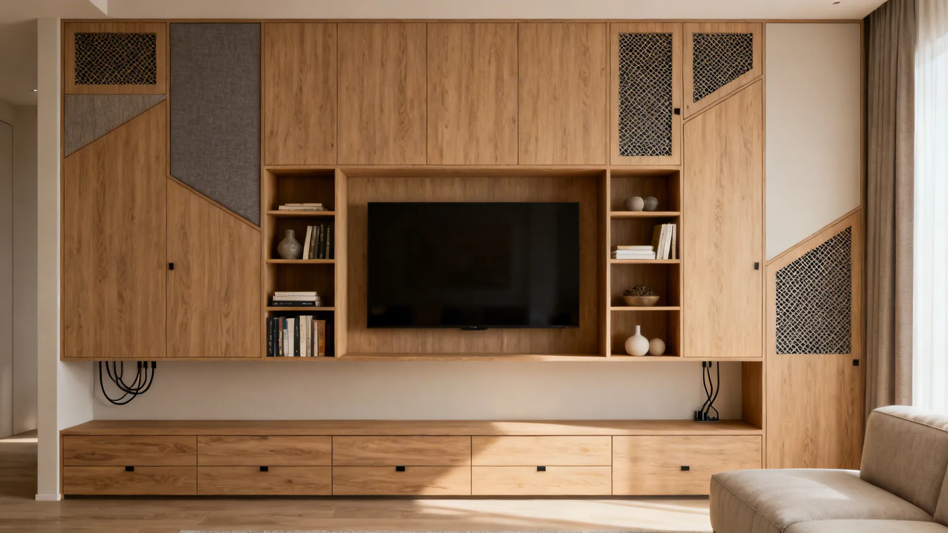 Built-in media wall with asymmetrical shelves, deep base drawers, and a centered TV niche.