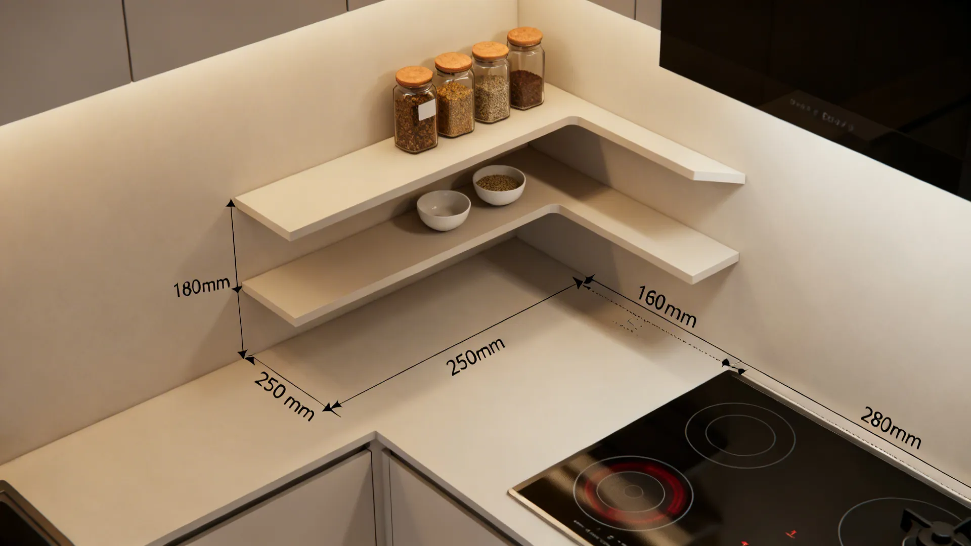 Top-down render showing deeper lower shelf and shallower upper shelf with safe clearances near a cooktop.