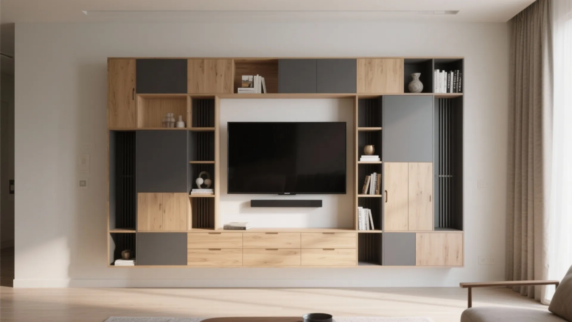 3) Asymmetrical Shelving: Open/Closed Balance Around the Screen