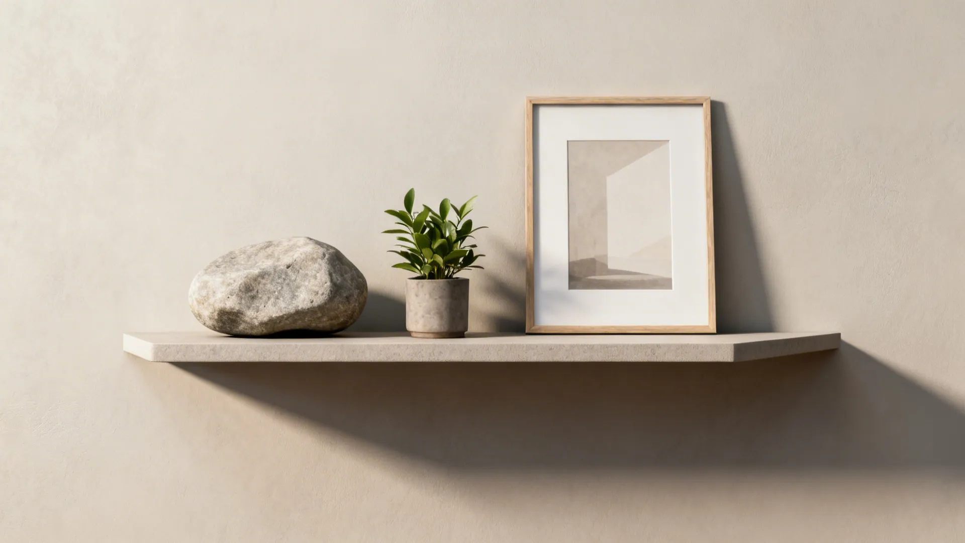 Small green plant, large stone, and wooden picture frame sit on a beige wall shelf