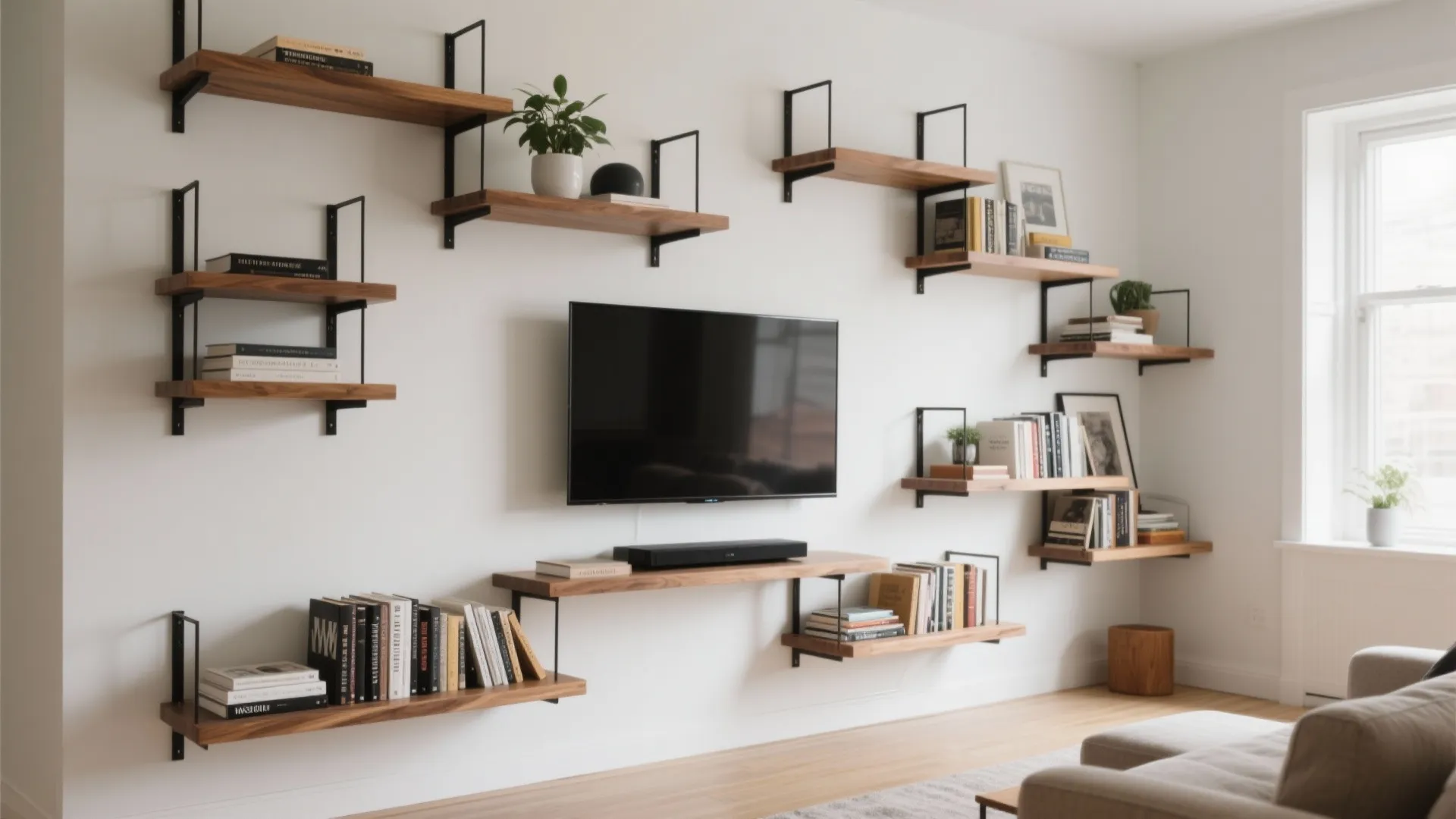 Modern white wall featuring asymmetrical wooden shelves with books plants a television and black brackets