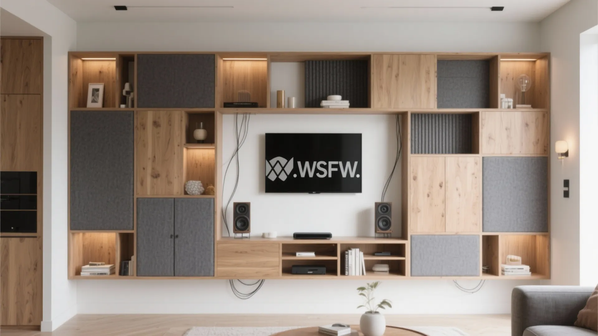 Asymmetrical Shelving With Acoustic Fabric Doors