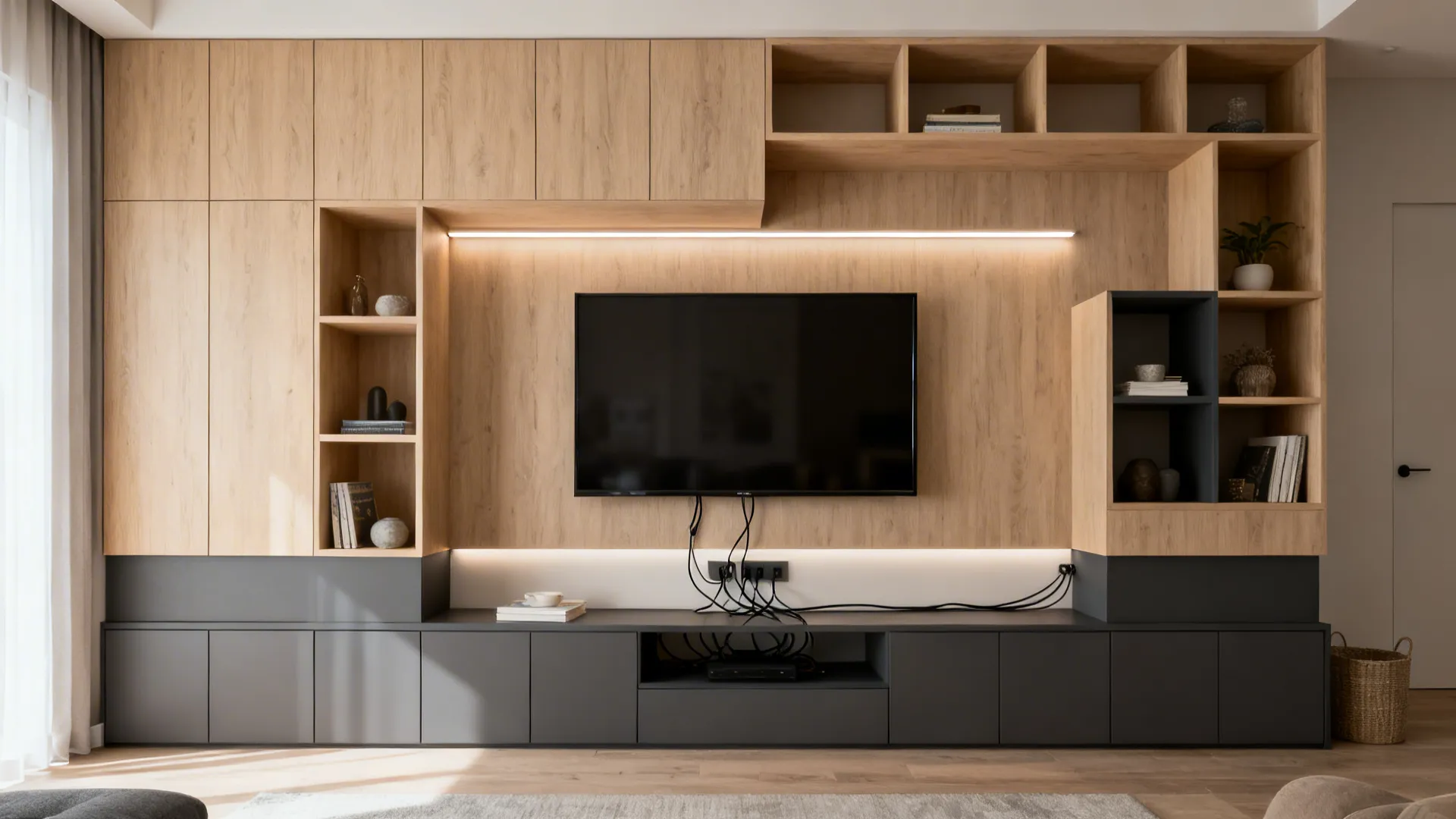 Wall-to-wall built-in TV unit with asymmetrical shelves and LED backlighting in a modern small living room.
