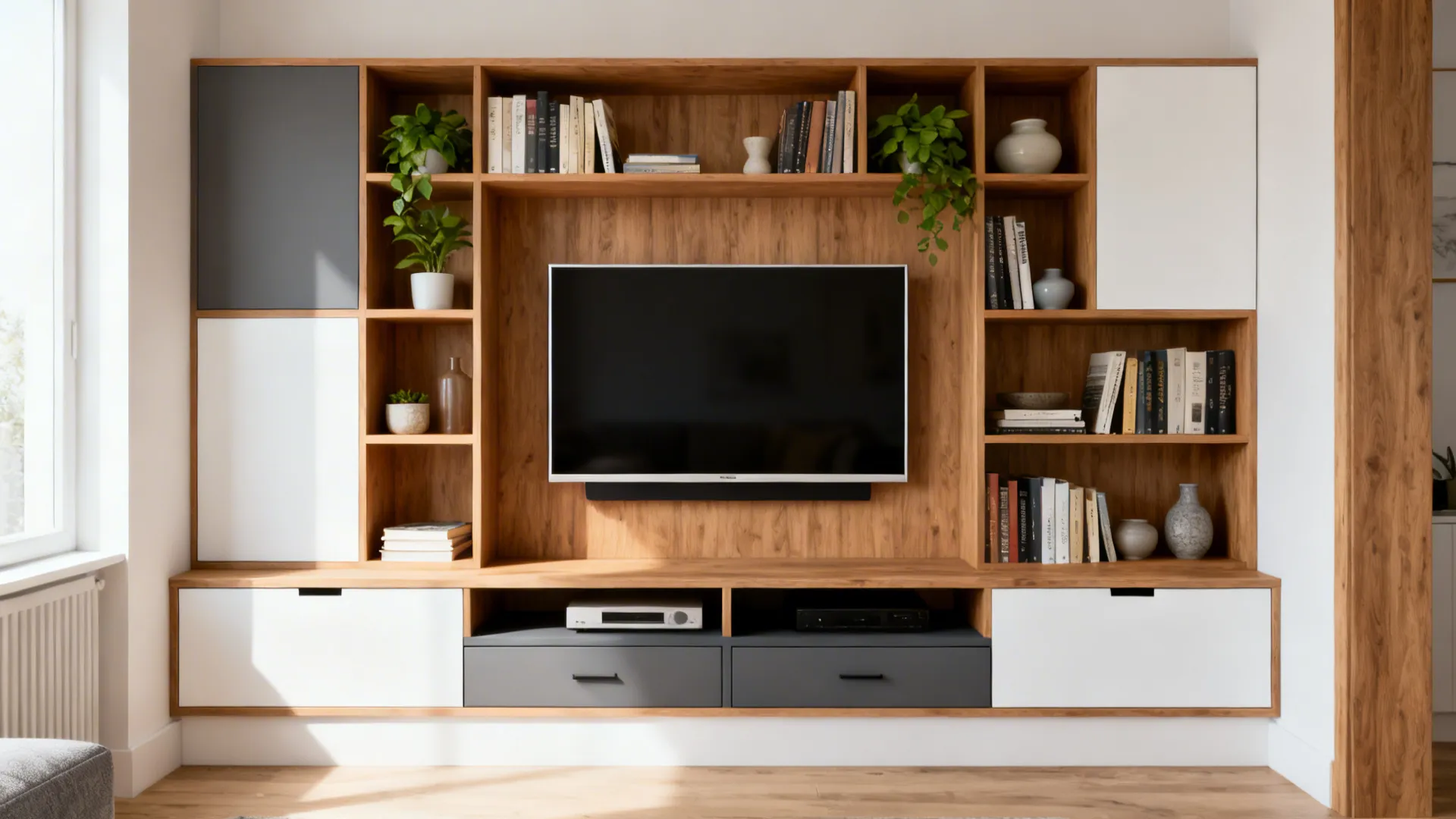Asymmetrical TV wall unit with open shelves, greenery, and closed media drawers.