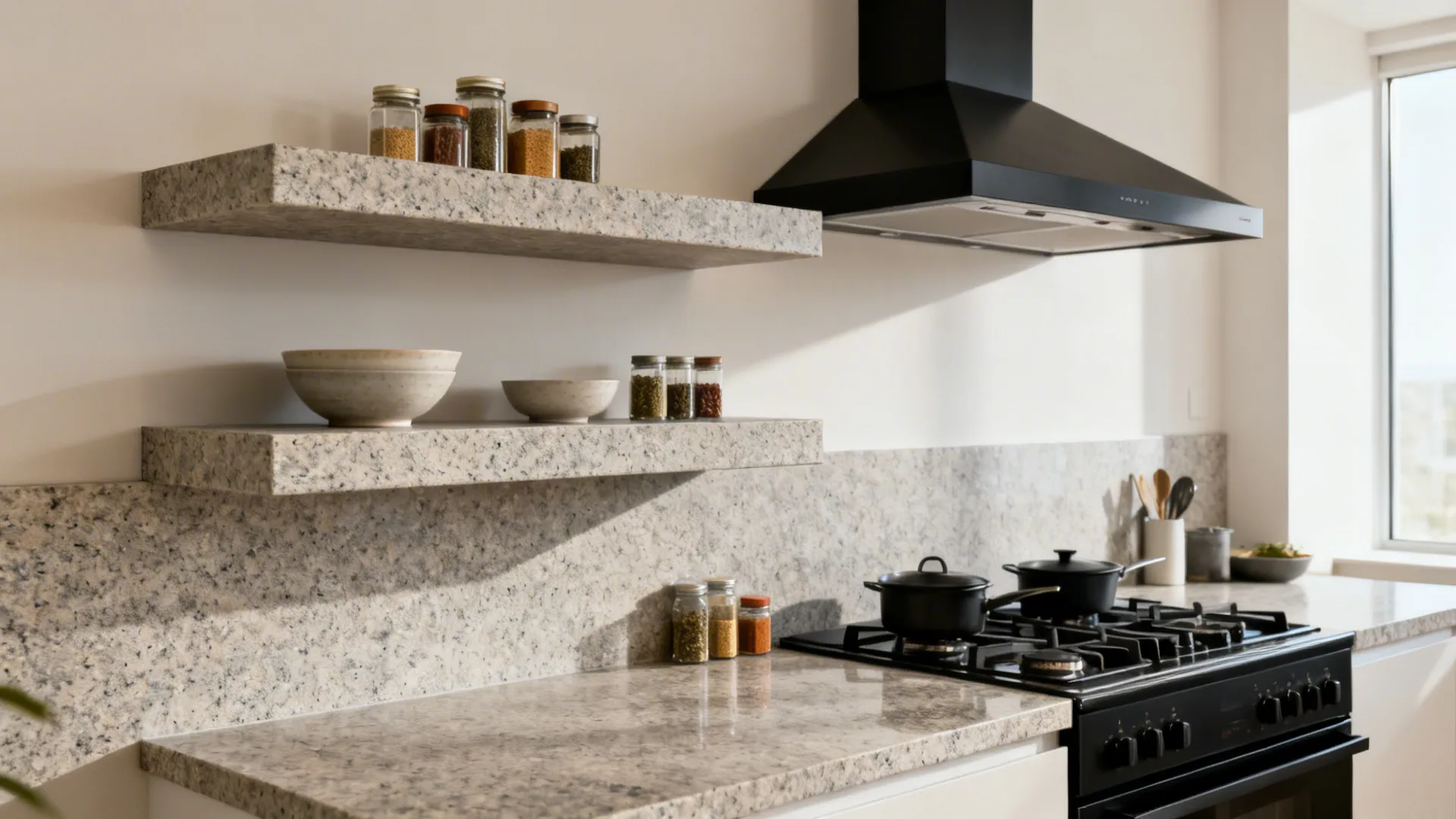 Two asymmetrical honed granite shelves by a cooktop hold spices and bowls with the backsplash still visible.
