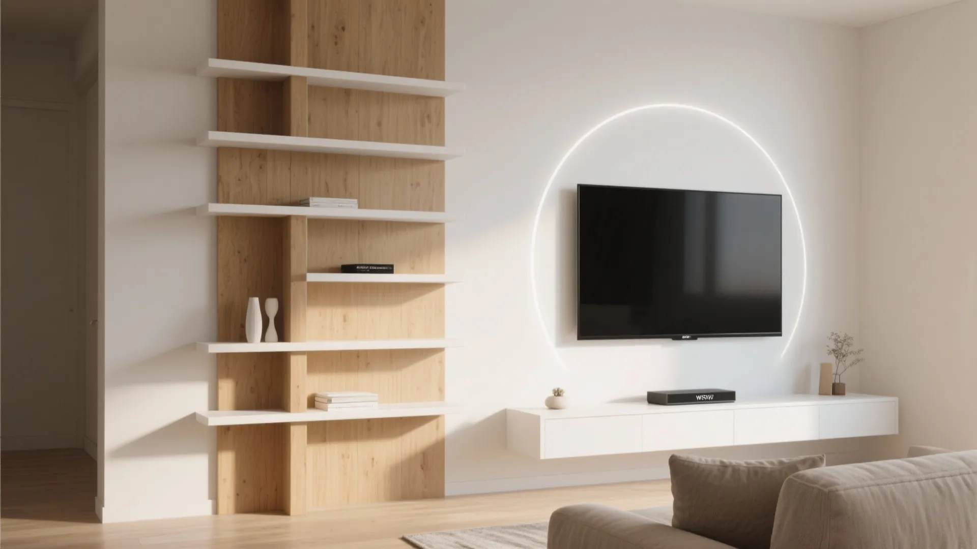 Asymmetrical Shelving Around the TV (Balanced Negative Space)