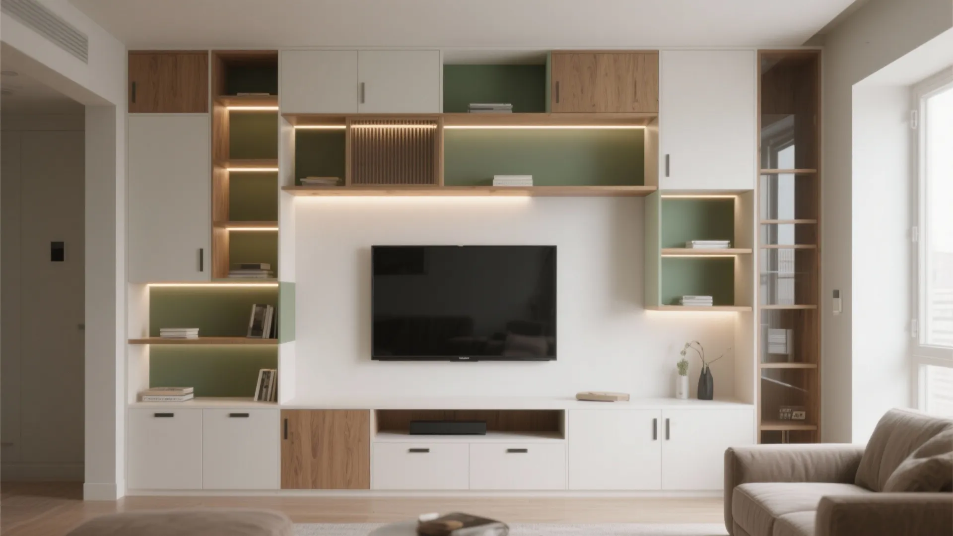 3) Built-ins and Asymmetrical Shelving Around the TV