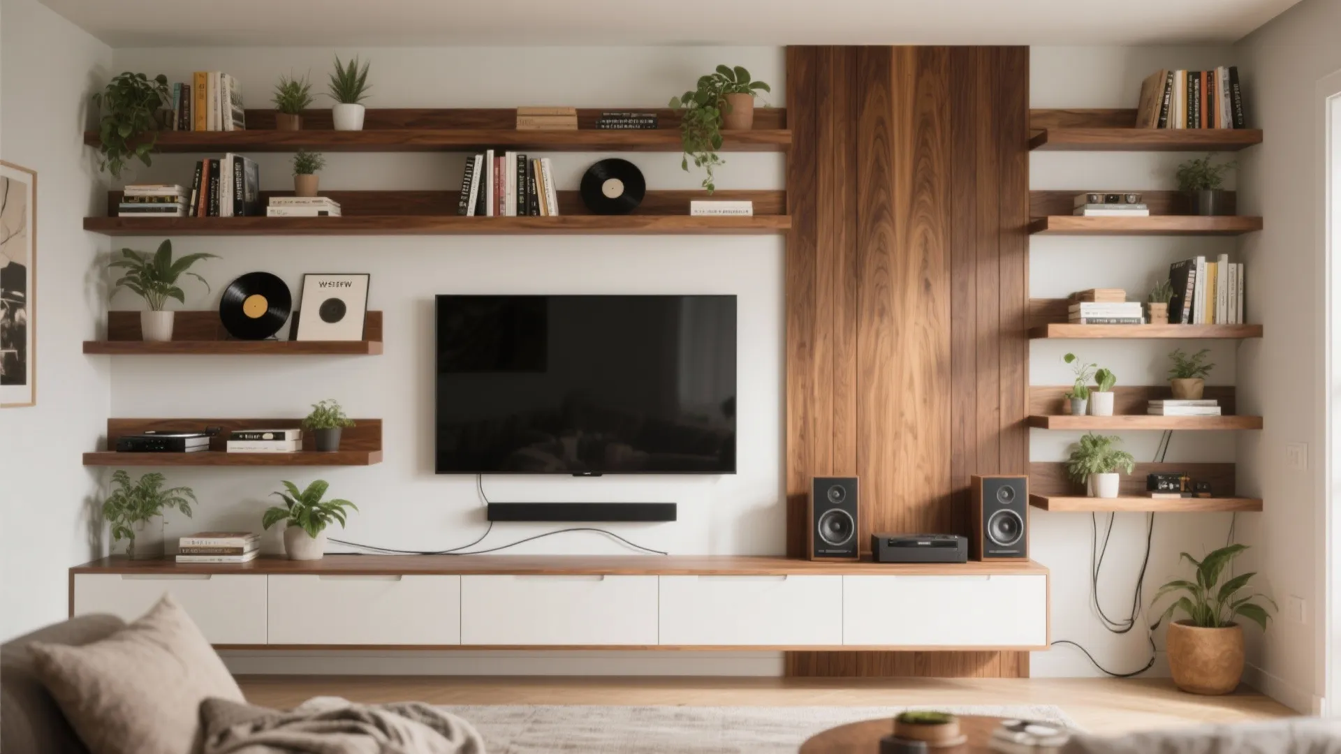 Asymmetrical shelving with warm wood accents