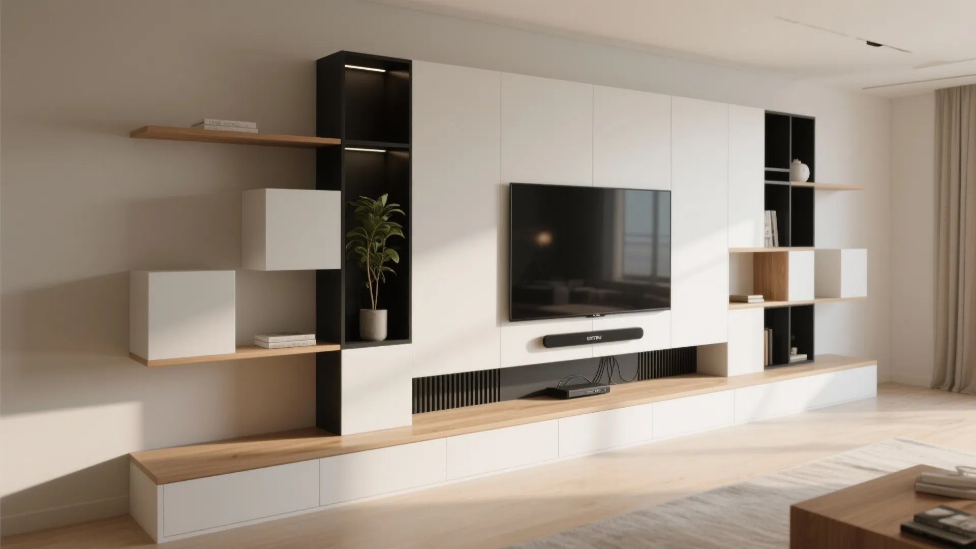 Built-In Media Wall with Asymmetrical Shelving