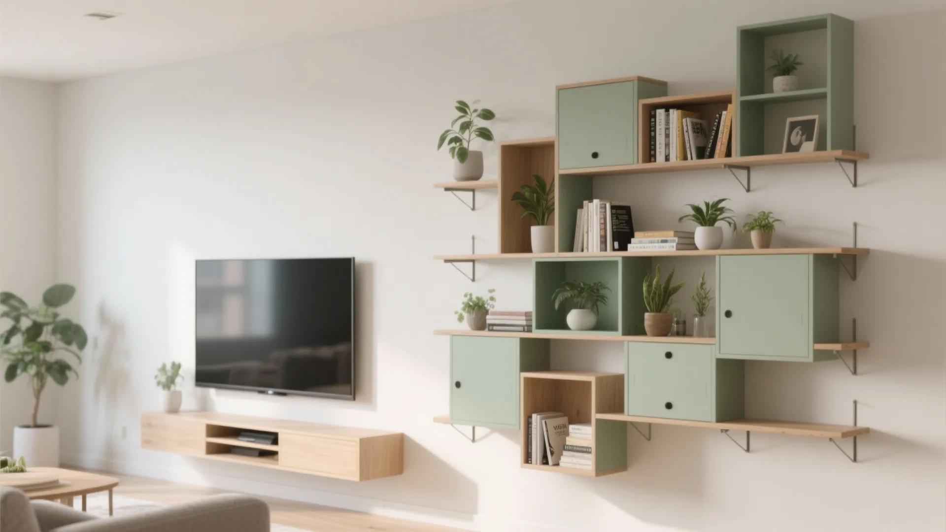 Asymmetrical shelving with a balanced focal point