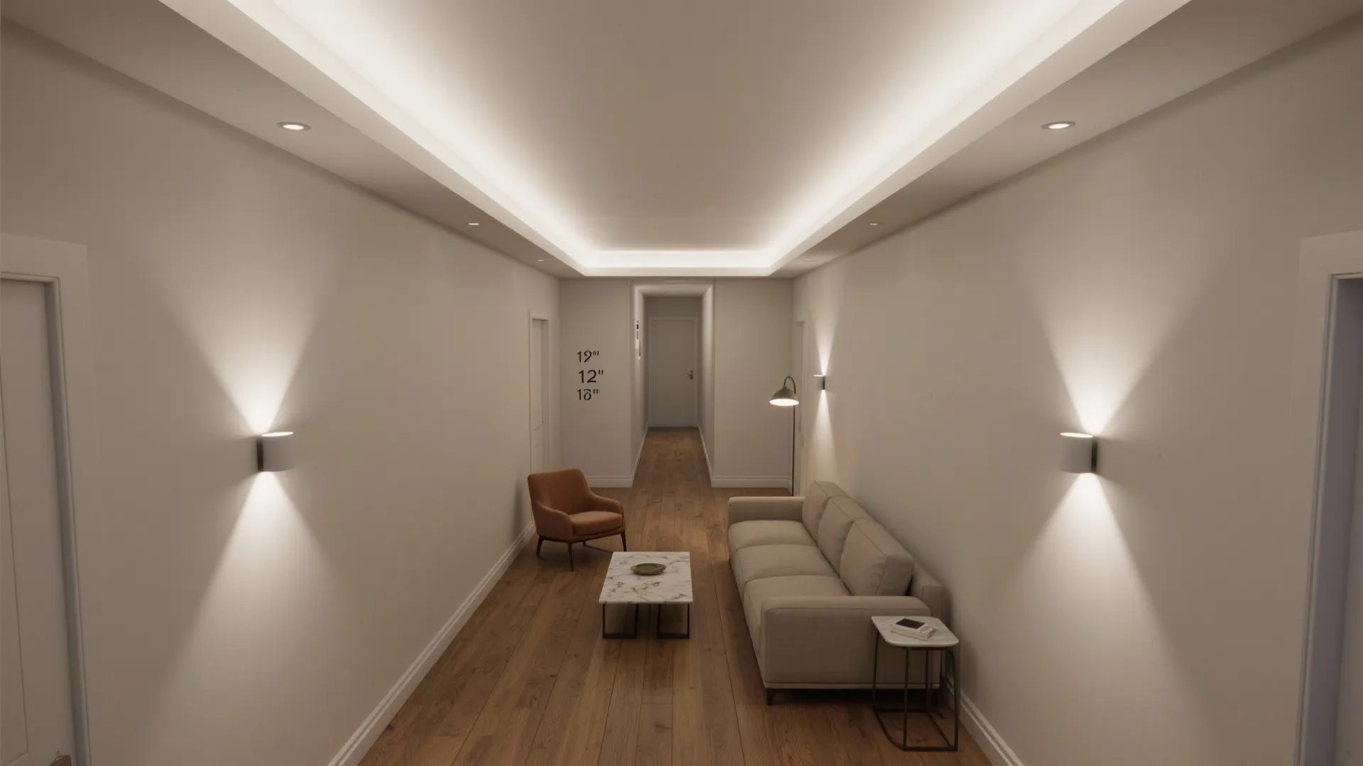 Long narrow room layout with sofa and wall light fixtures highlighting symmetrical interior design spacing