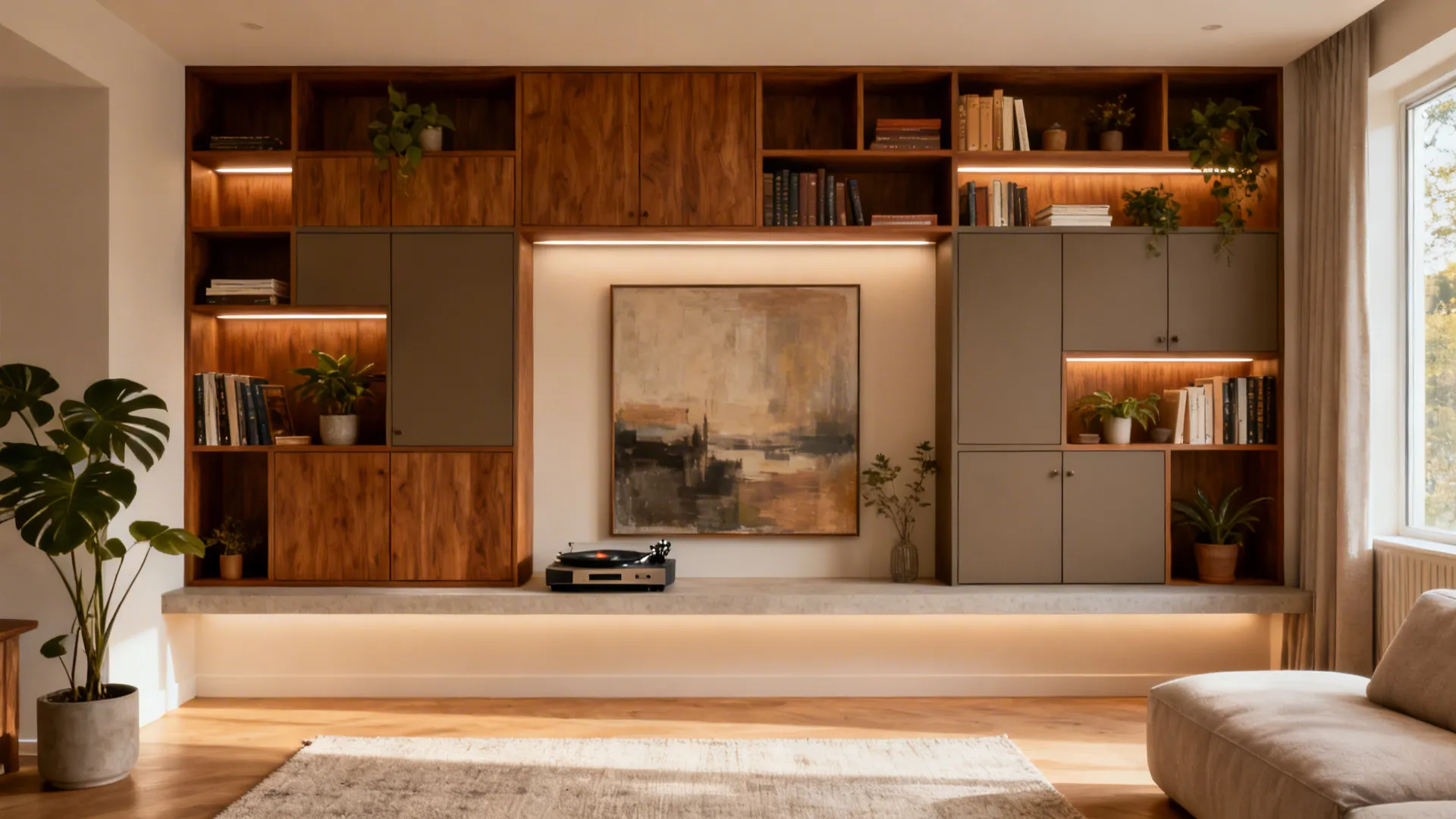 Asymmetrical shelving wall with warm wood, closed cabinets, plants, and a centered art piece.