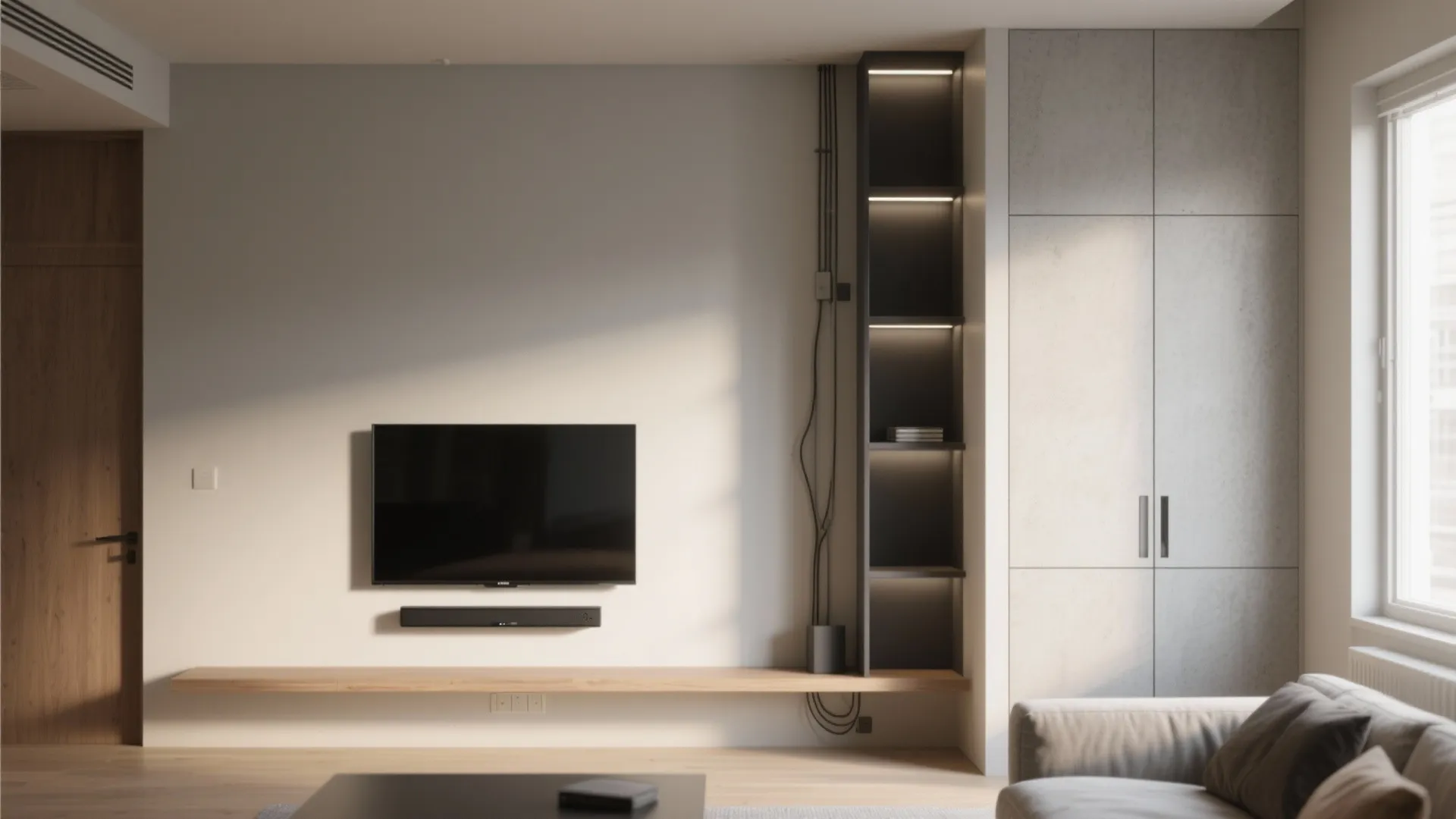 Asymmetrical storage that keeps a small TV wall light