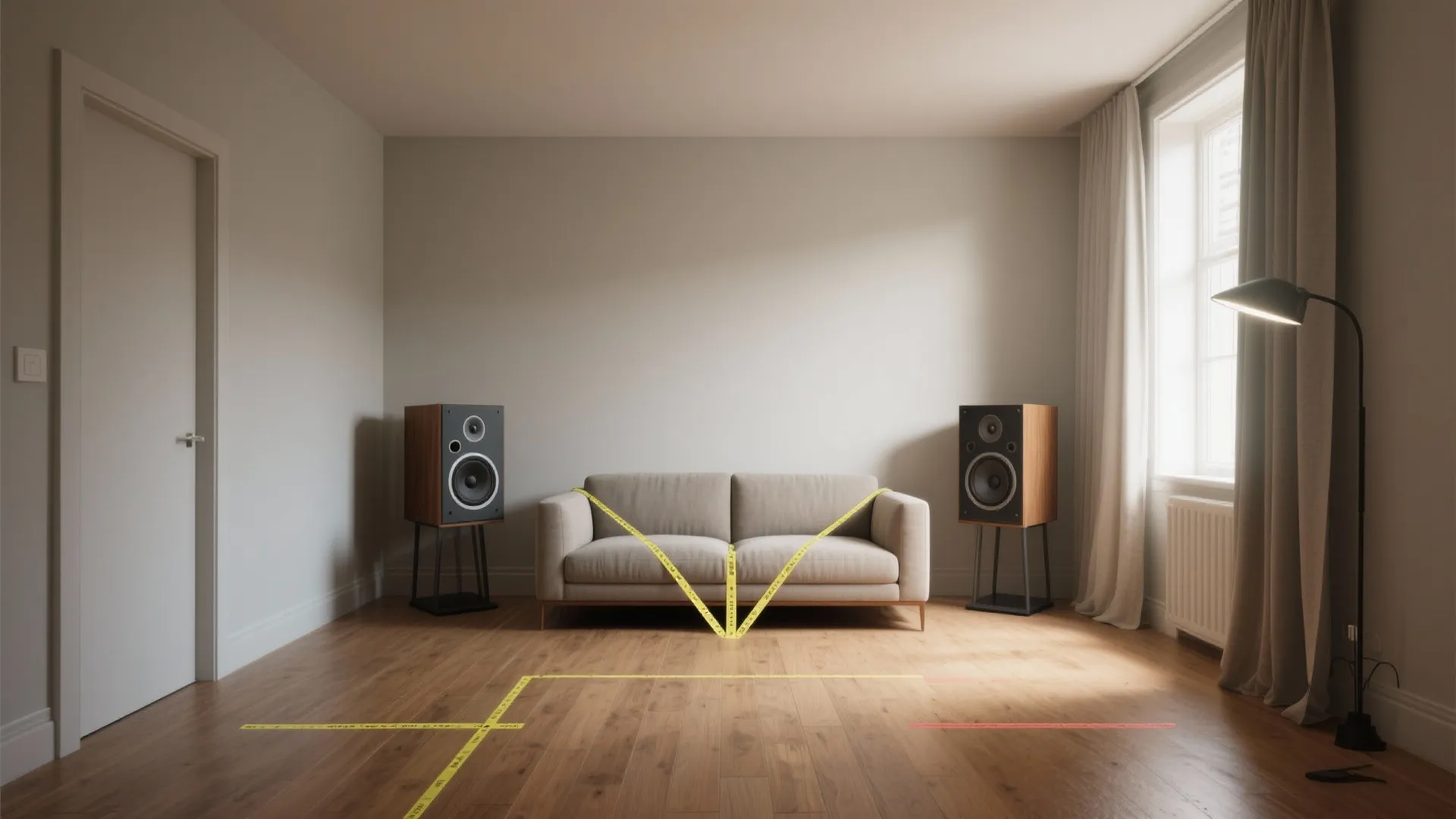 Asymmetric speaker placement with smart toe-in in a narrow living room to reduce sidewall reflections.