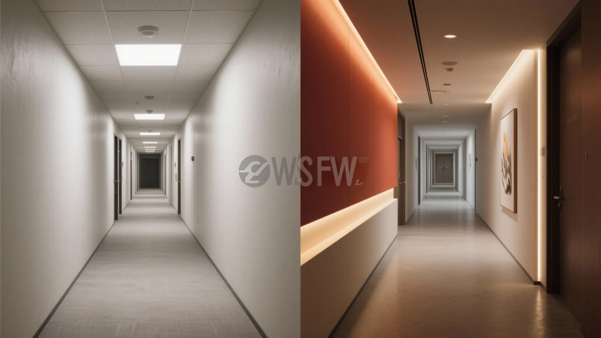 Comparison of a plain white corridor and a modern hallway with orange wall panel light
