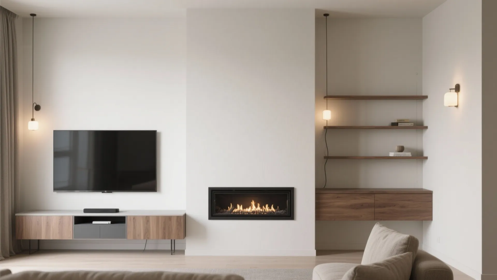 Asymmetrical TV-and-fireplace wall