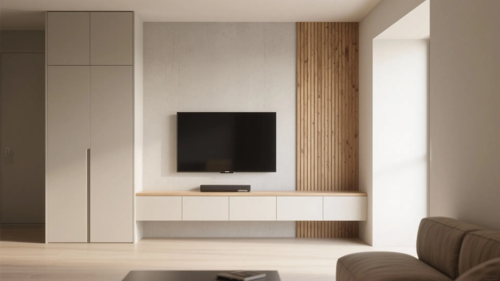2) Go asymmetrical: off-center TV + skinny storage