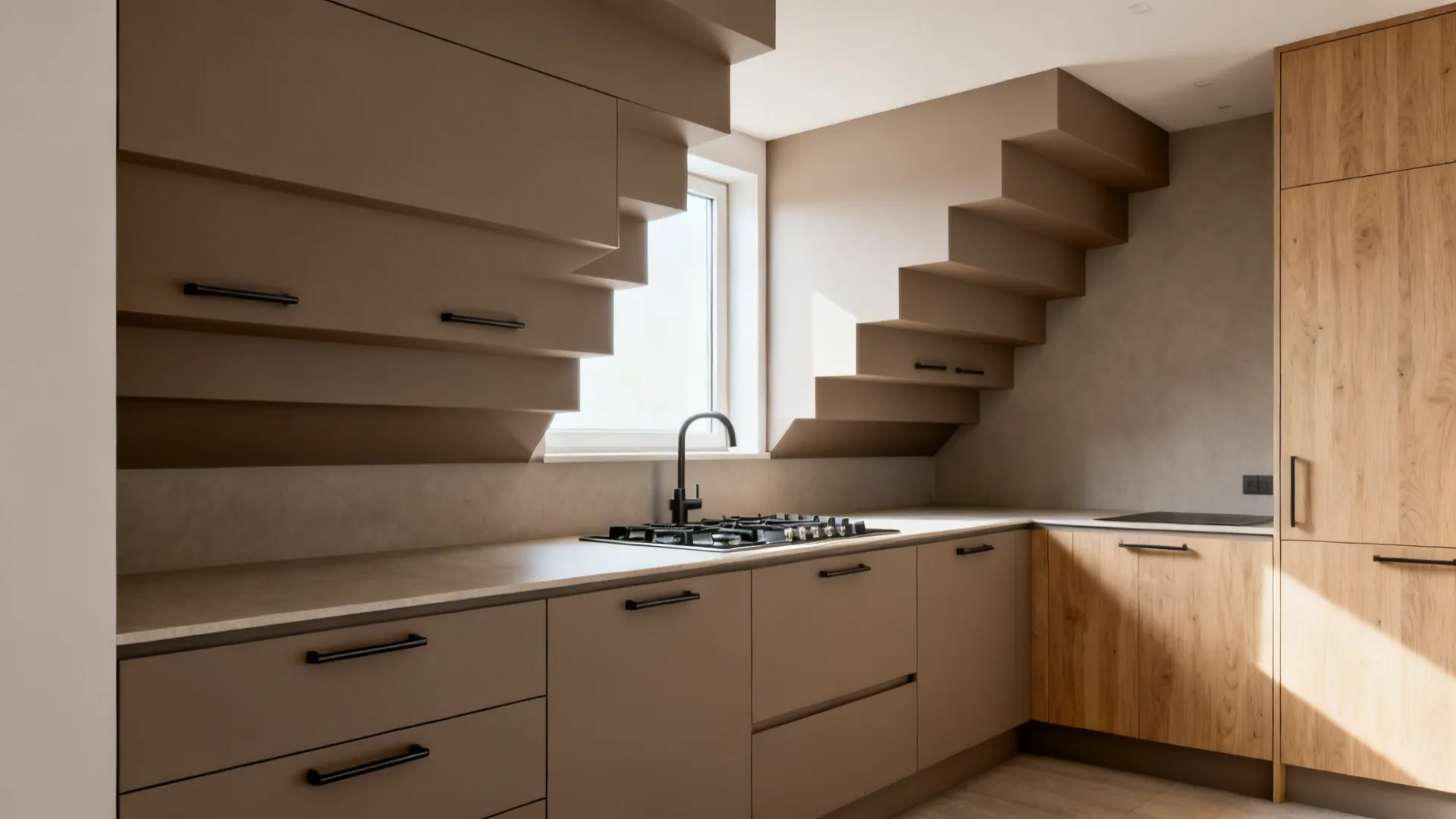 Asymmetric upper kitchen cabinets taper toward a window, creating light and rhythm.