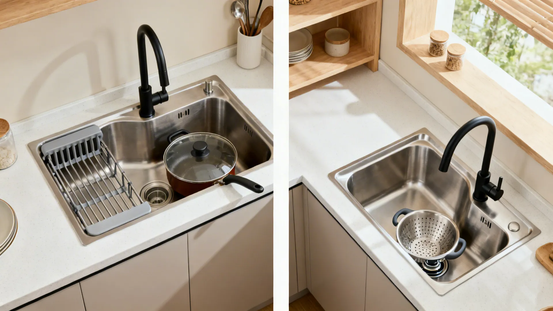 Asymmetric 60/40 double-bowl sink showing large-pan washing and small-bowl prep with disposal.
