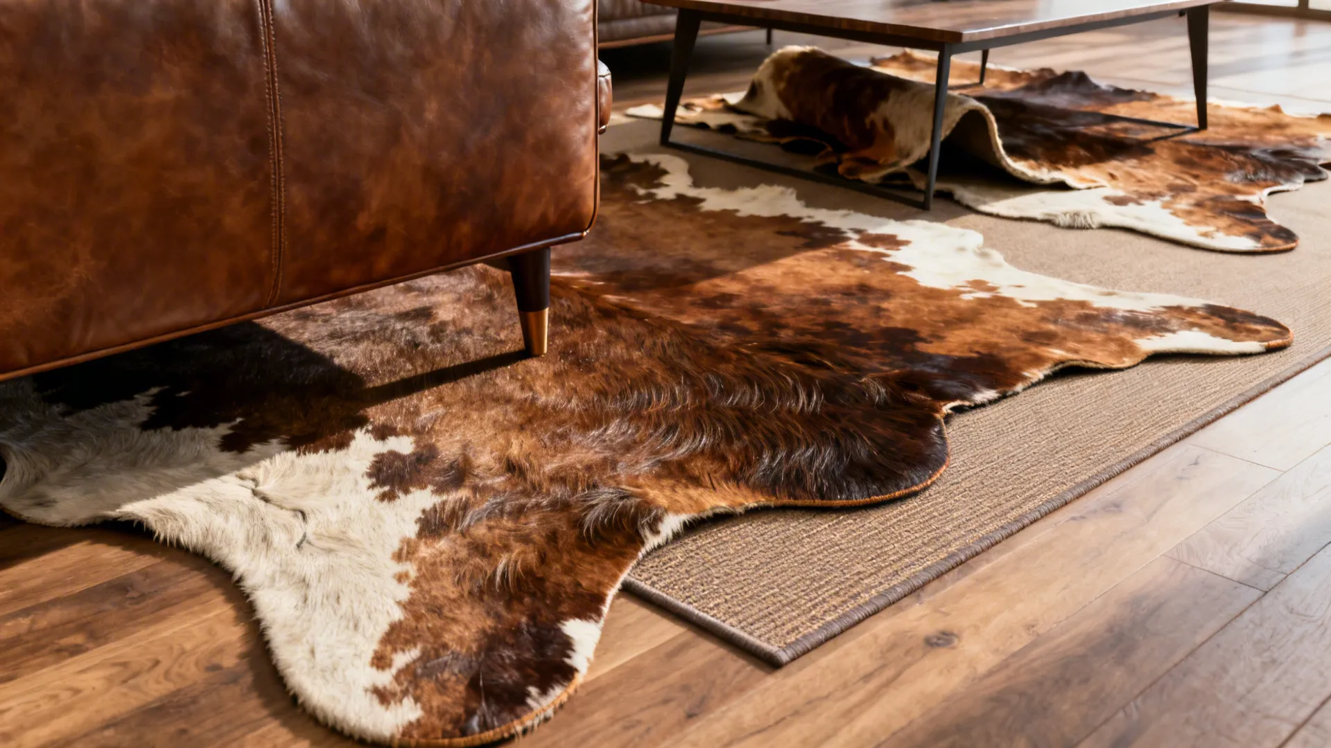 Seating anchored by two asymmetrically overlapping cowhide rugs creating movement and clear pathways.