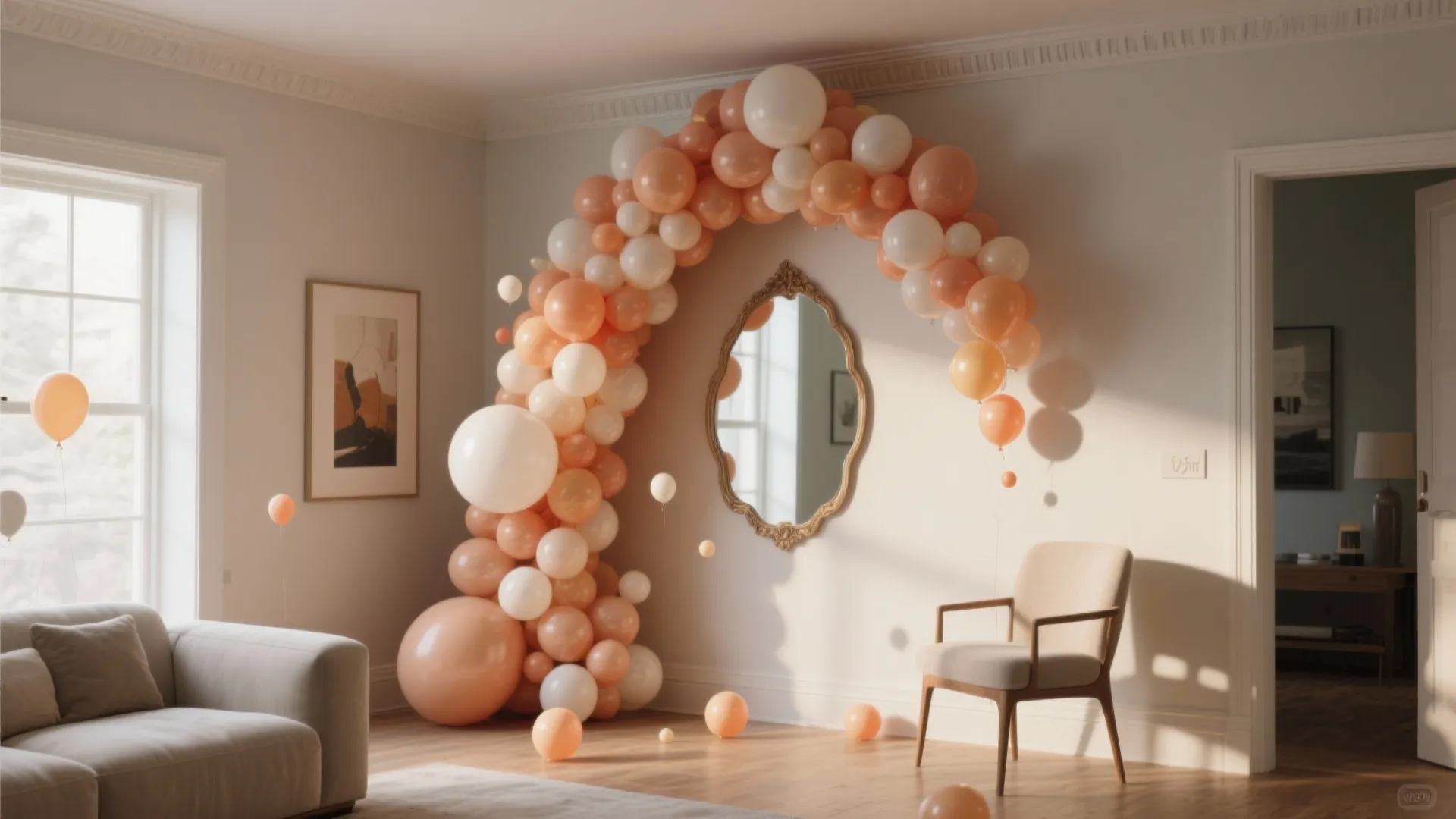 Living room with peach and white balloon arch around gold mirror sofa and wooden chair