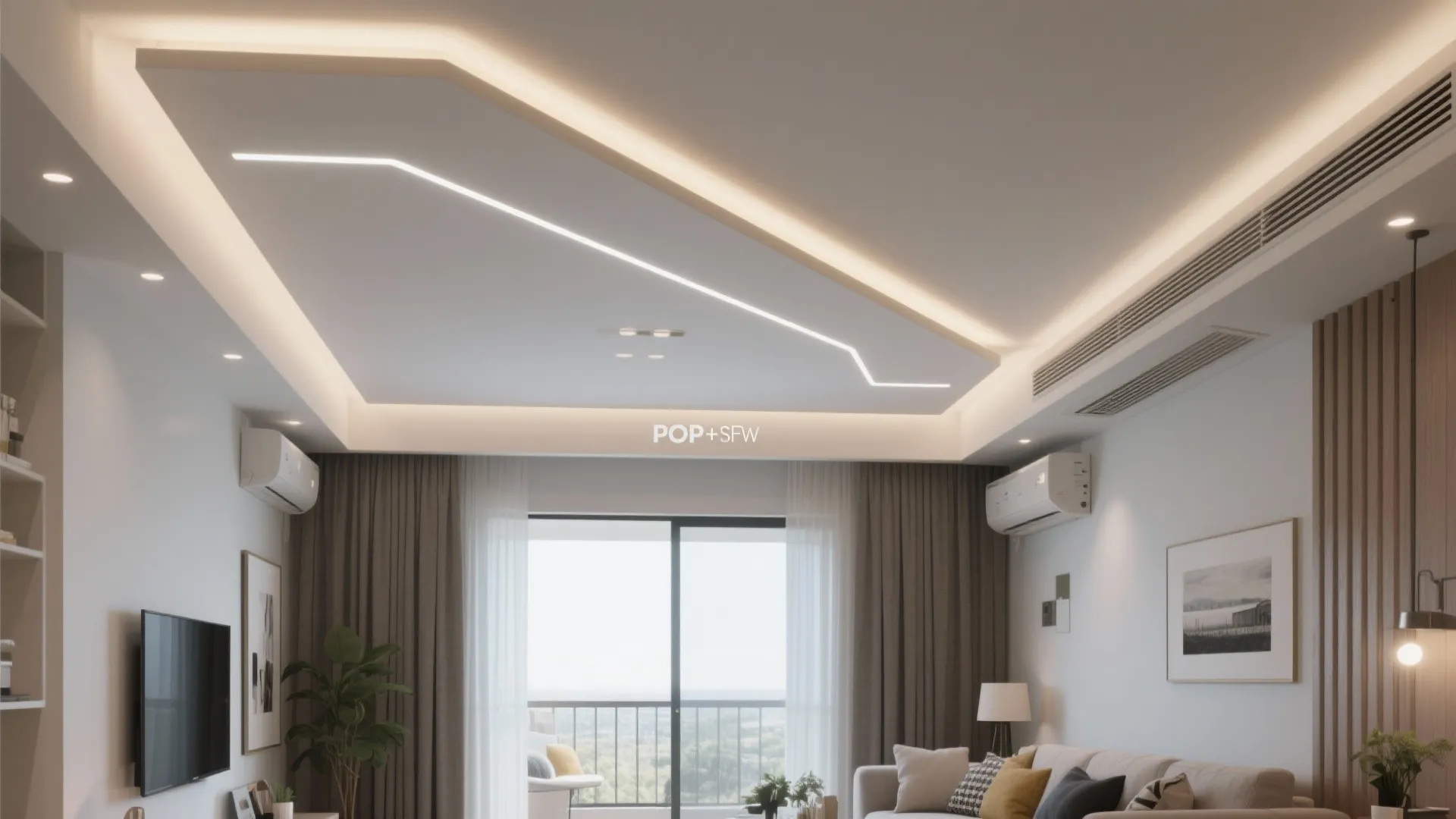 Modern living room with geometric ceiling light design grey sofa television and large glass balcony