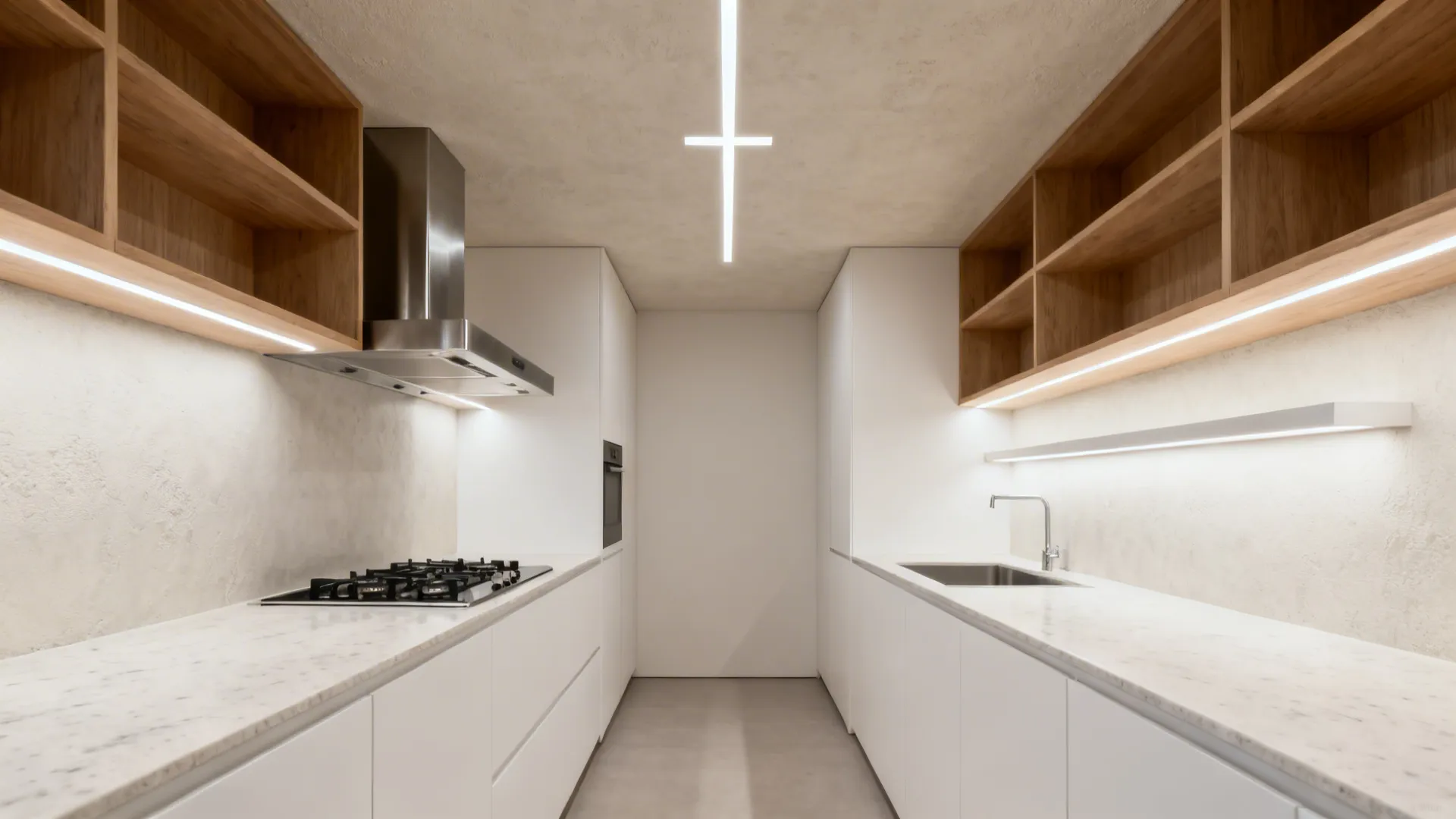 Narrow galley kitchen with asymmetric ceiling bands that zone cook and prep areas.