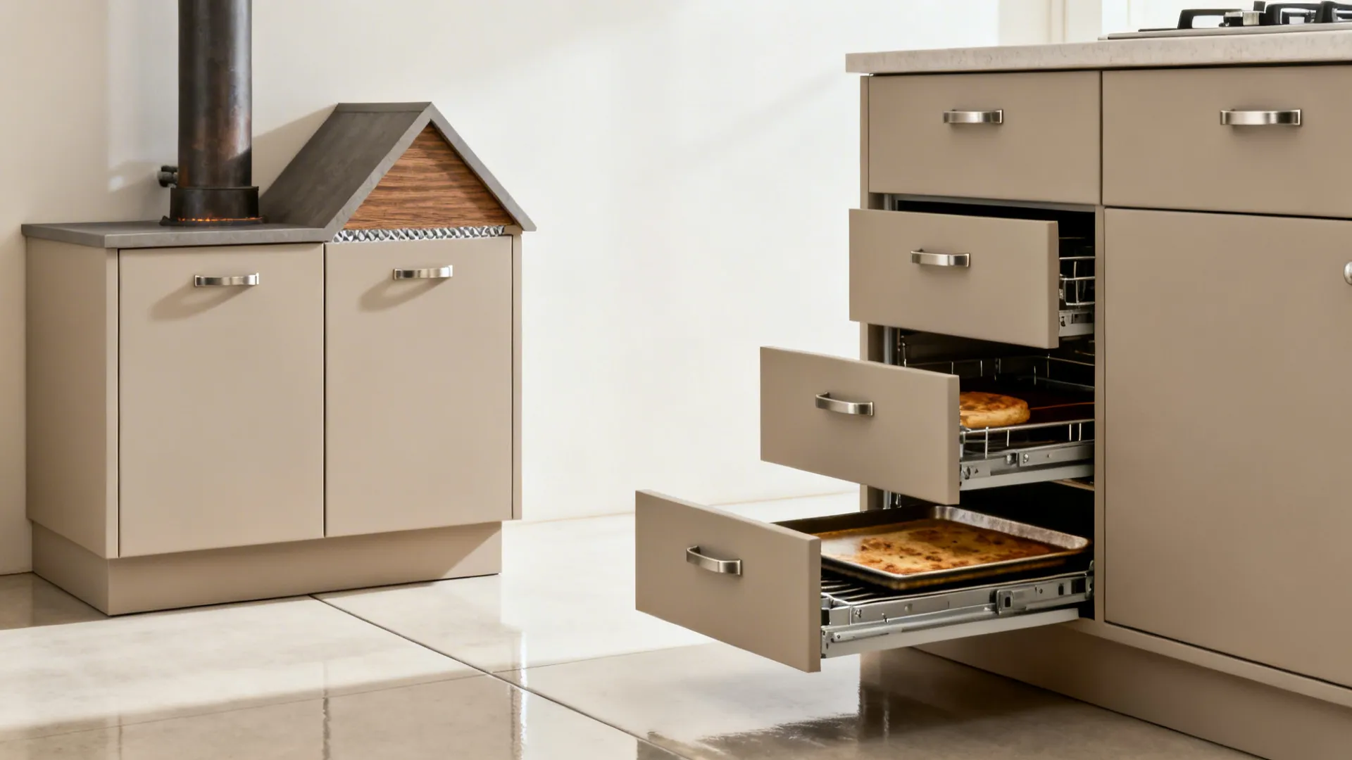 Asymmetric base cabinets near a chimney with open toe-kick drawers for sheet storage.