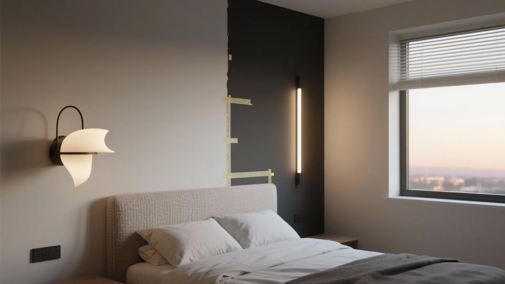Bedroom with asymmetric wall lights: sculptural sconce on one side and slim linear fixture on the other.