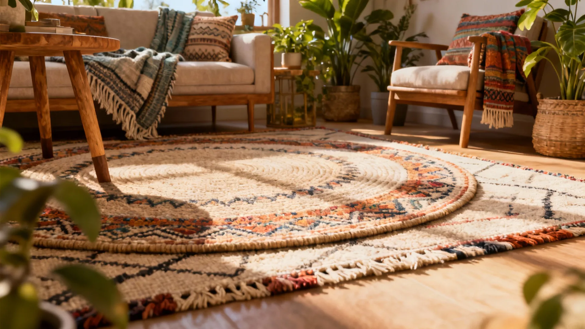 Round rug offset over a rectangular base rug in a boho-styled living room showing intentional asymmetry.